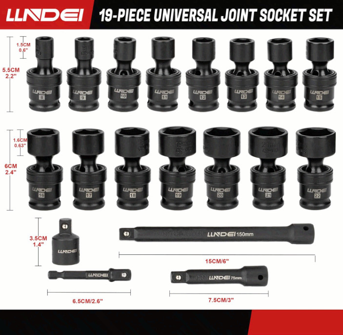 3/8″ Universal Impact Socket Set, 19PCS Metric Swivel Sockets CR-MO Kit