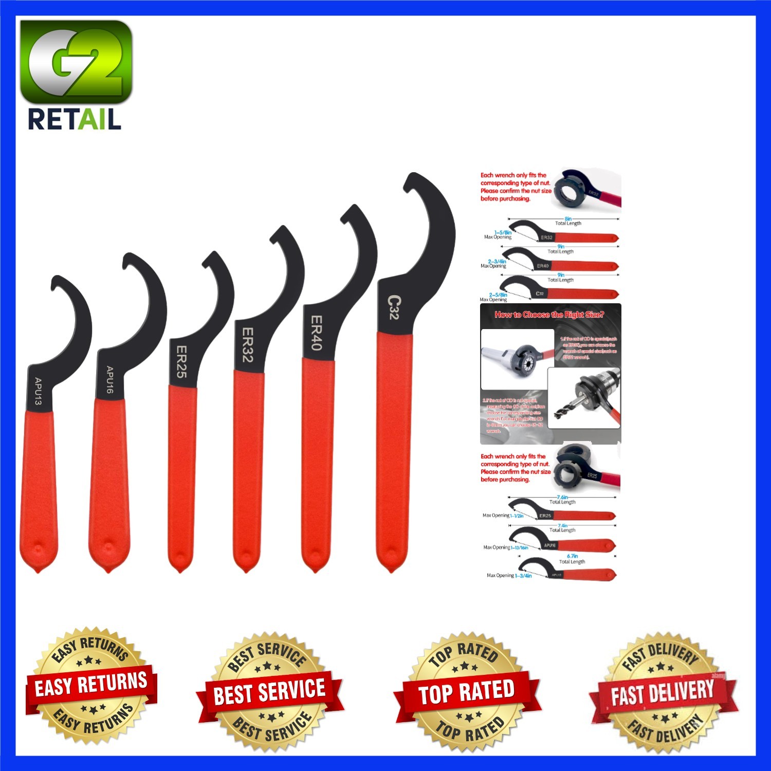 Versatile 6pcs Spanner Wrench Set with Rubber Grip and C-Hook Design for Repairs