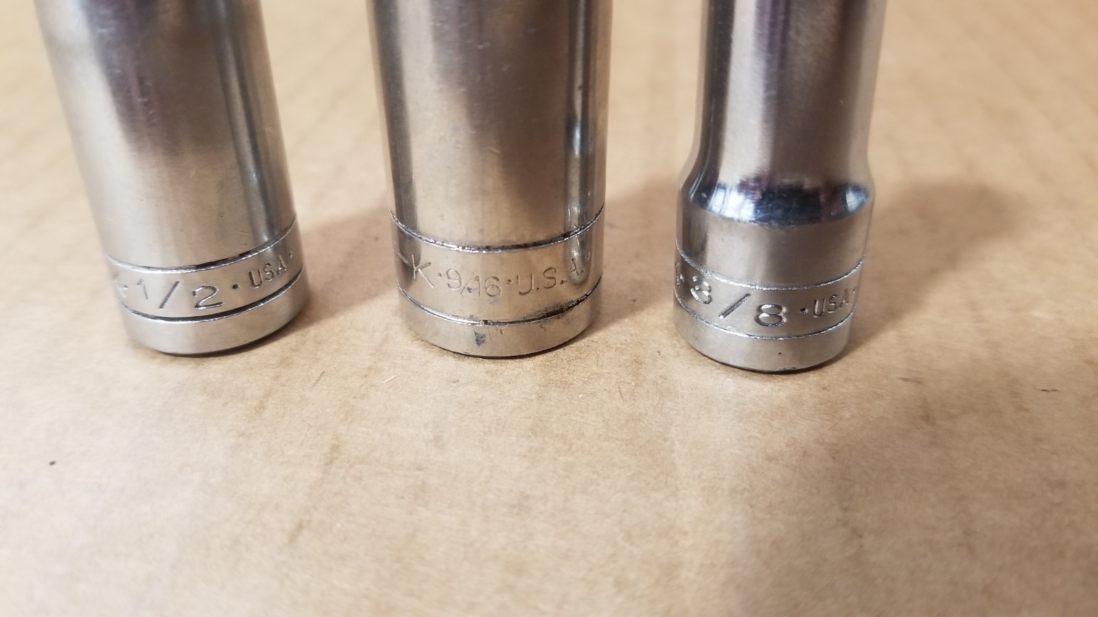 Vintage S-K USA 40418 9/16 & 40416 1/2 & 40412 3/8 6-Point Sockets VGC