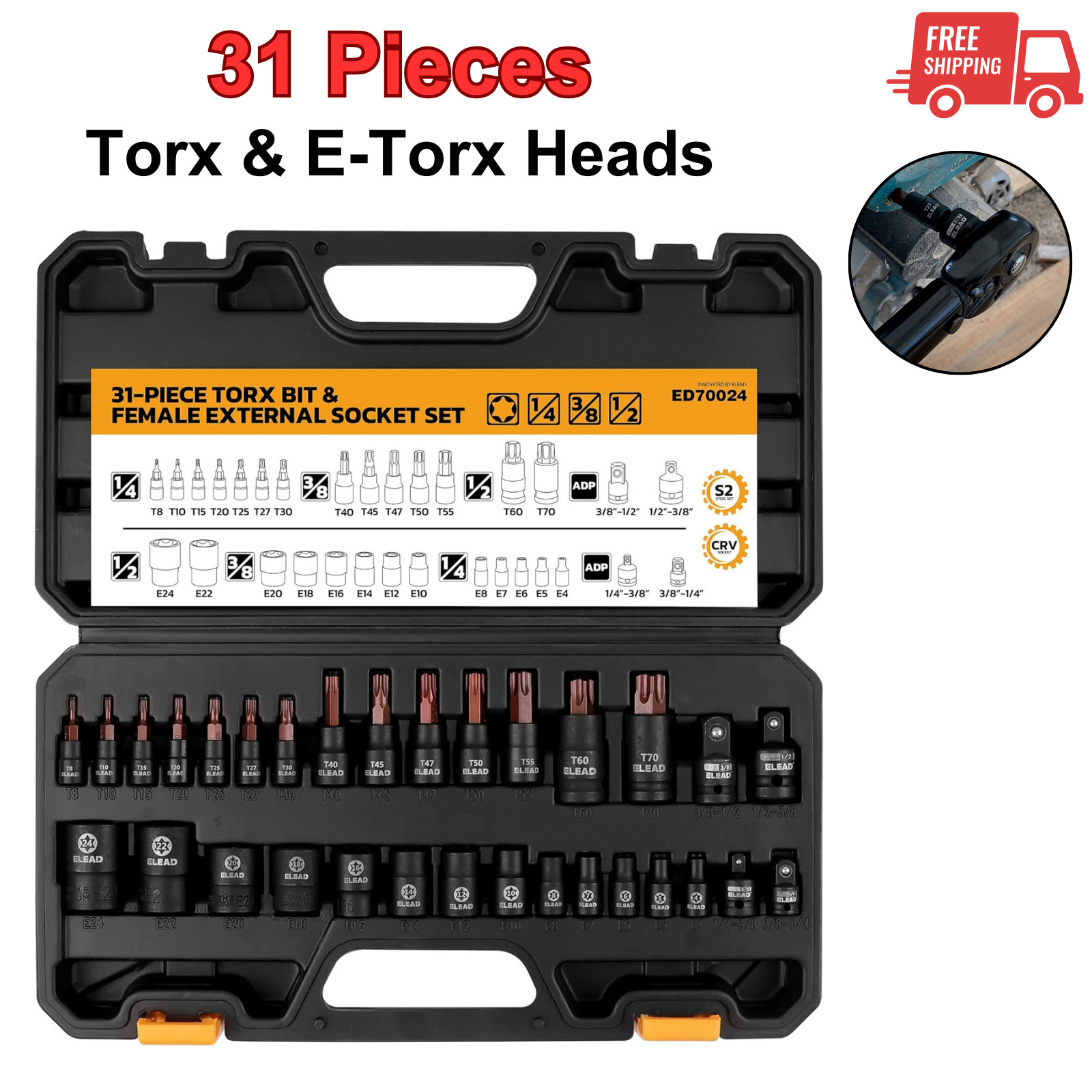 31-Piece Torx Bit Socket Set: Premium CR-V & S2 Alloy Steel, Star T8-T70 & E-Tor