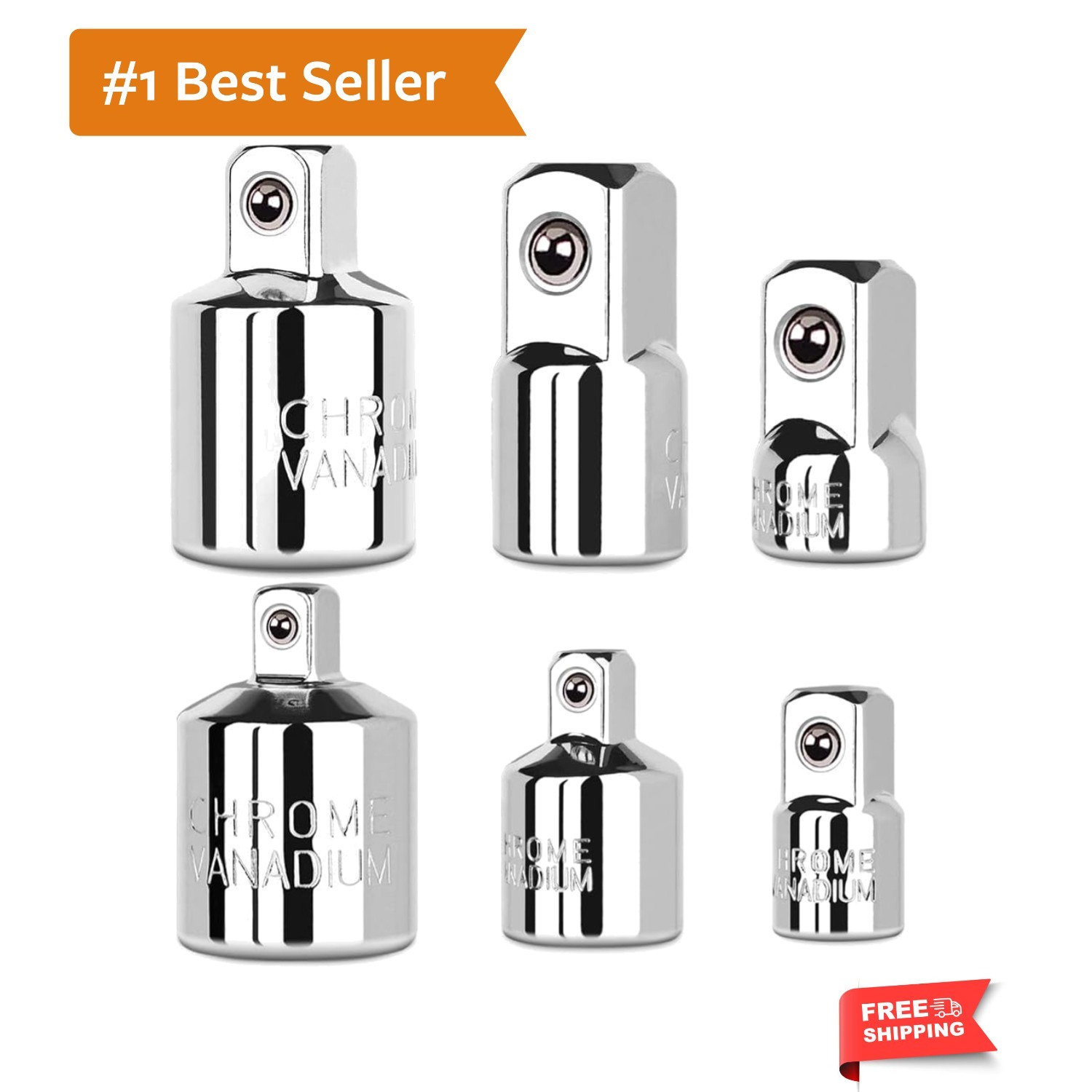 6 Piece Socket Adapter and Reducer Set, 1/4″, 3/8″, 1/2″ Chrome Vanadium Stee…