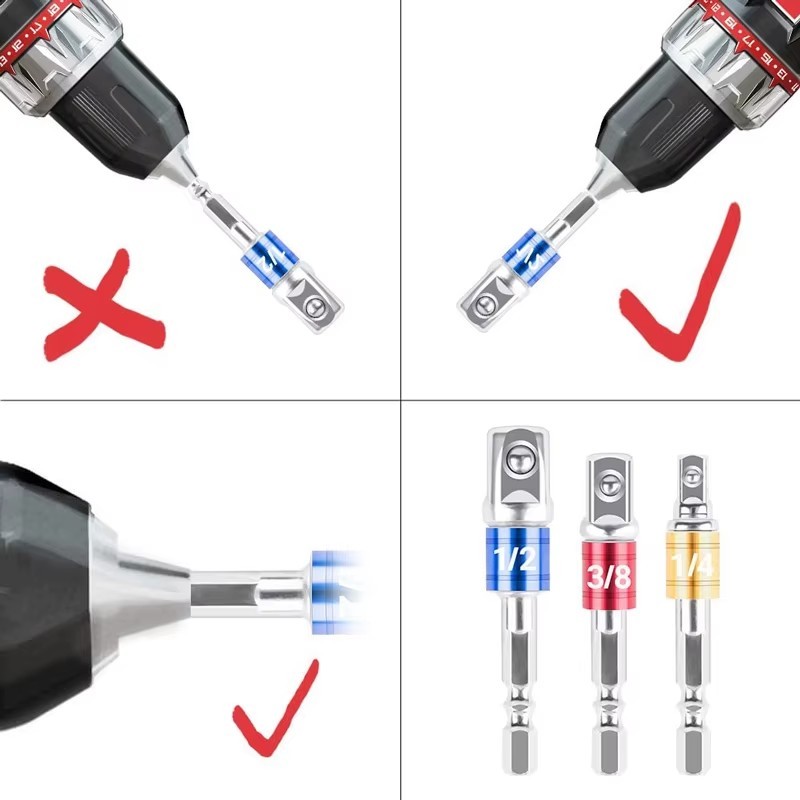 3PC 1/4″ HEX SHANK DRILL BIT TO 1/4 1/2 3/8 INCH SQUARE DRIVE SOCKET ADAPTOR SET