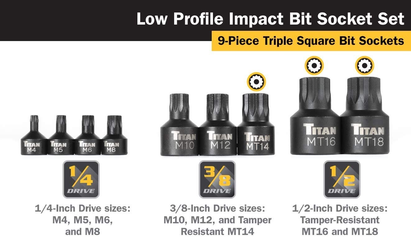 Titan 16138 9pc Impact Grade Stubby XZN Triple Square Bit Socket Set
