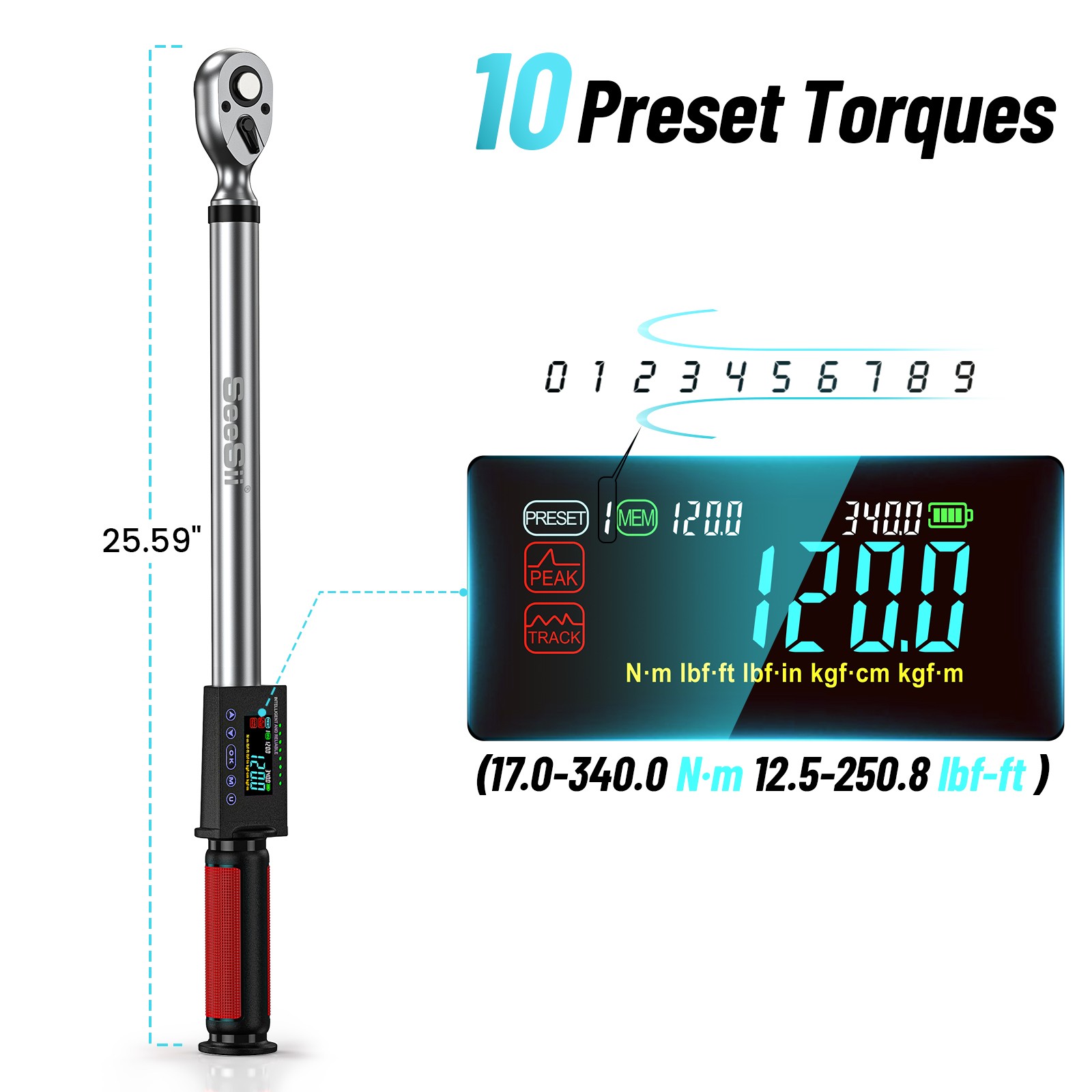 Seesii Digital Torque Wrench 1/2″ Reversible Electric Torque Wrench 17-340Nm LED