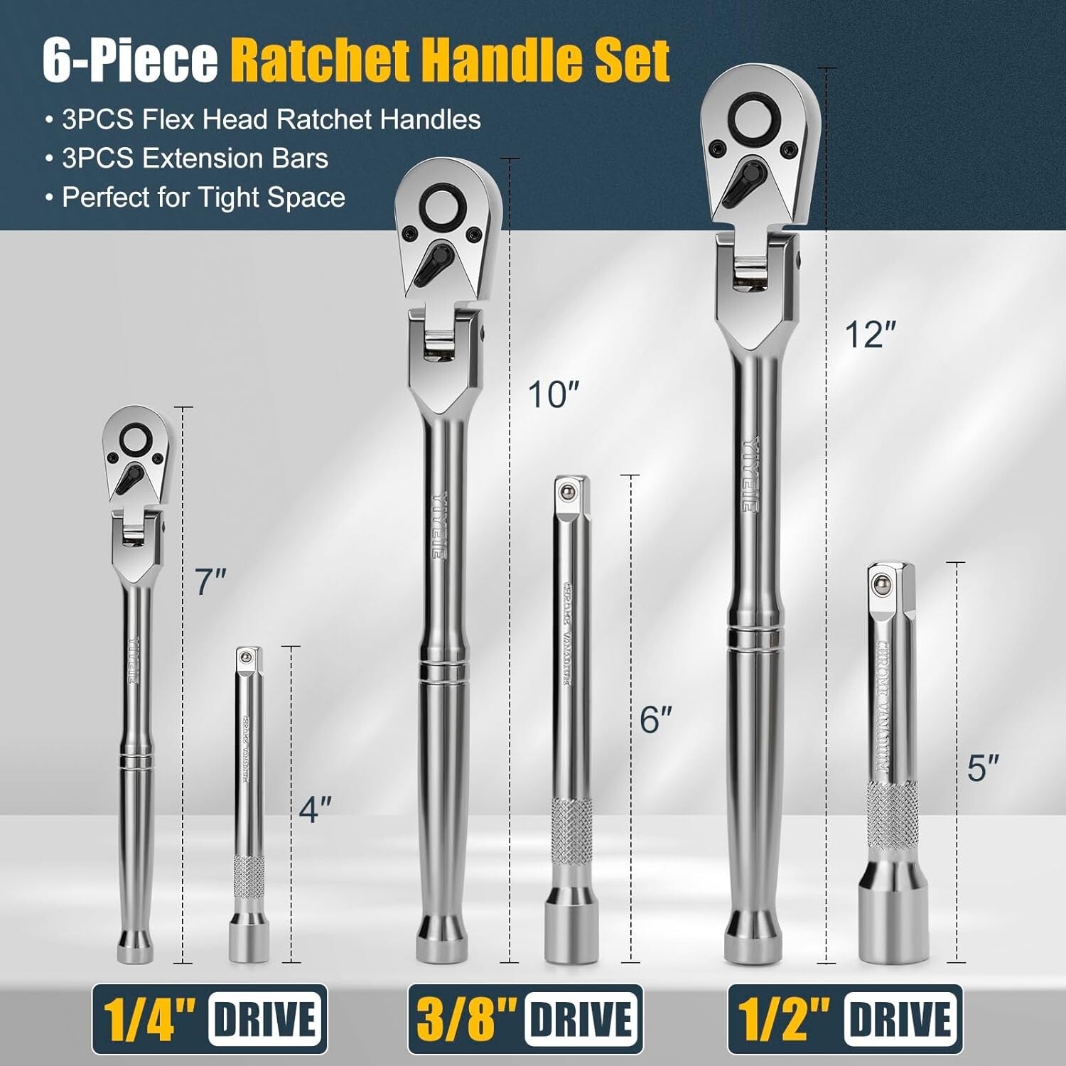 6-Piece Flex Head Ratchet Set, 1/4″, 3/8″, 1/2″ Drive, Swivel Head Ratchet NEW