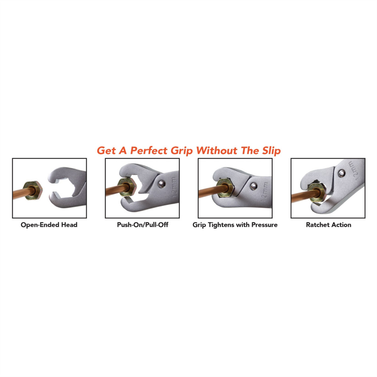 4-Piece set of versatile line wrenches featuring unique ratcheting push on / pul