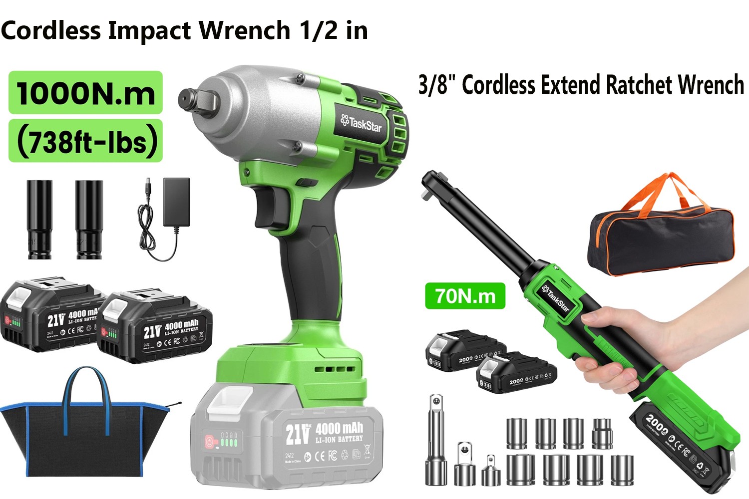 Cordless 3/8″ Ratchet Wrench 70NM ,1/2″ Impact Wrench 1000Nm 738ft-lbs Combo kit