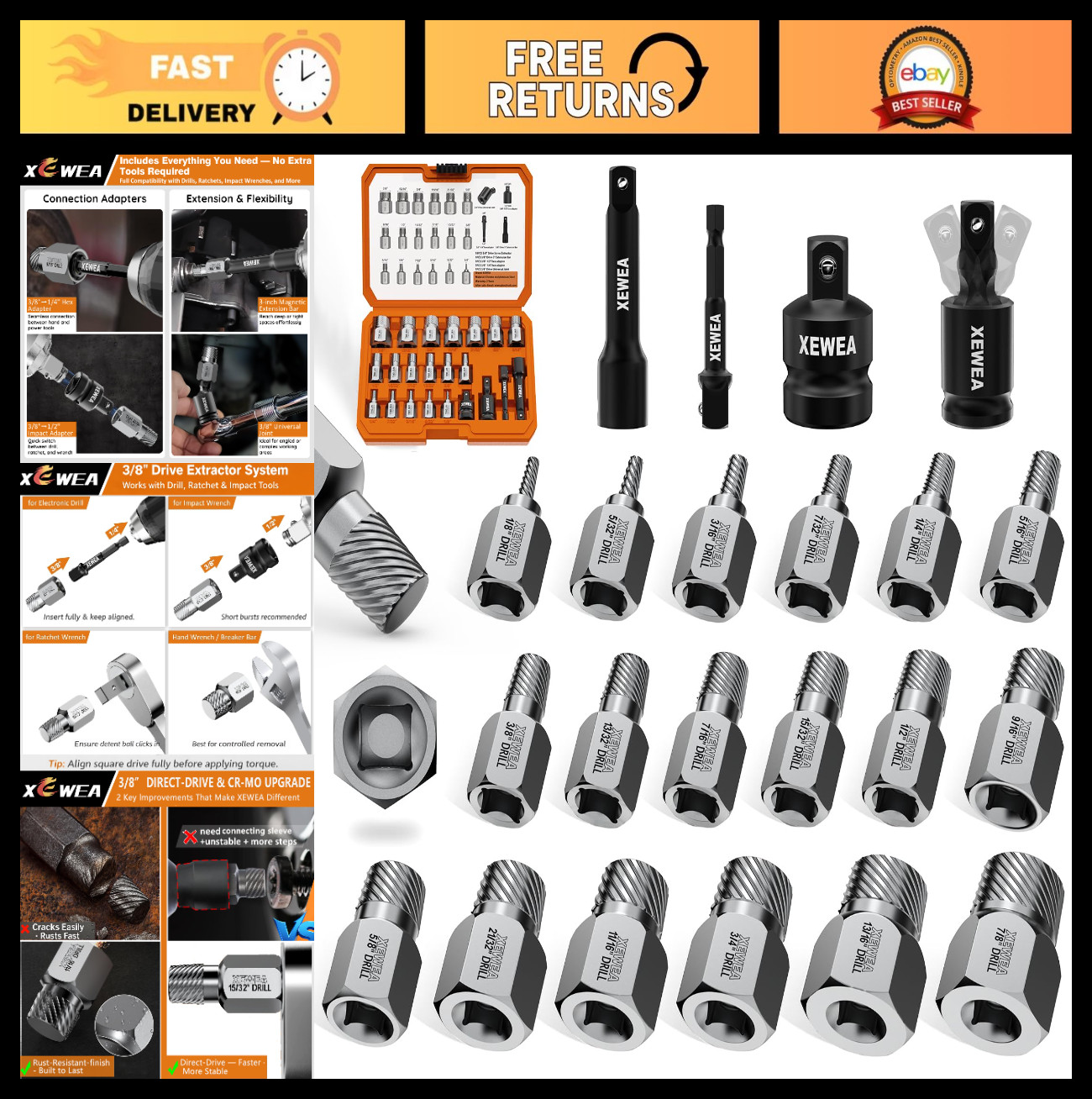 22PCS Heavy-Duty Screw Extractor Set – Multi-Spline Bolt Remover Kit for Strippe