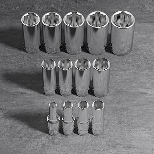 13pc SAE Deep Socket Set – 3/8″ Drive, 6-Point Chrome Sockets, No Skipped Sizes,