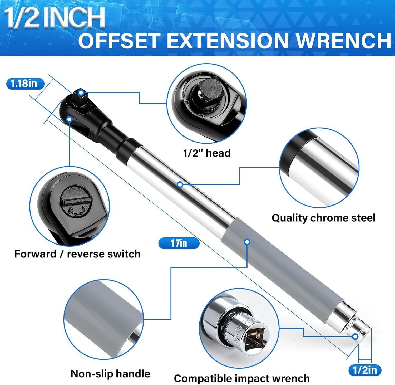 1/2″ Offset Extension Wrench Impact Ratchet Extender for Electric Drill 3/8″ 1/4