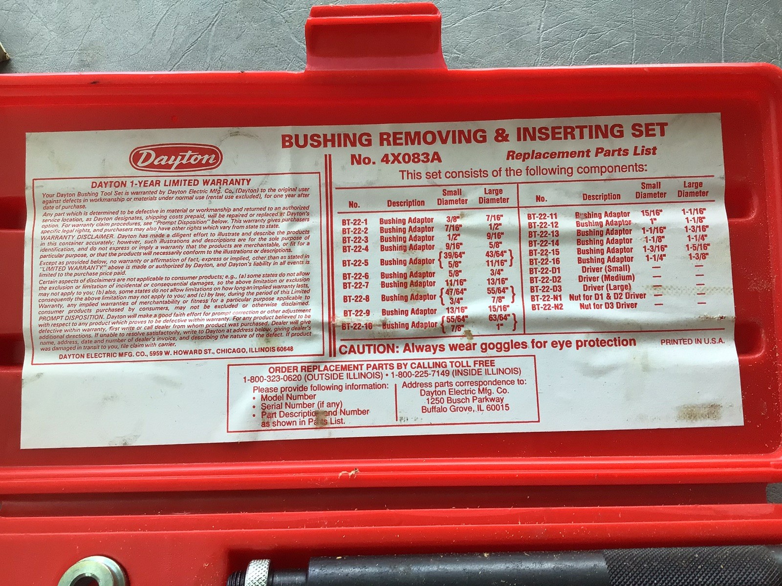 Dayton 4X083A Bushing Removing & Inserting Set w/ Case