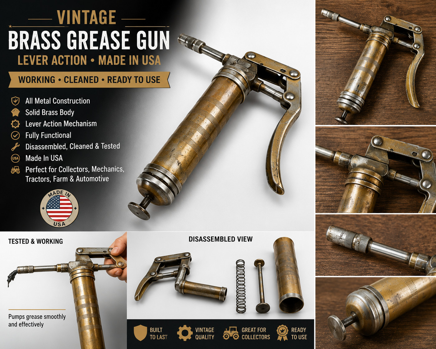 Vintage Brass Grease Gun Made In USA Working Lever Action Farm Tractor Automotiv