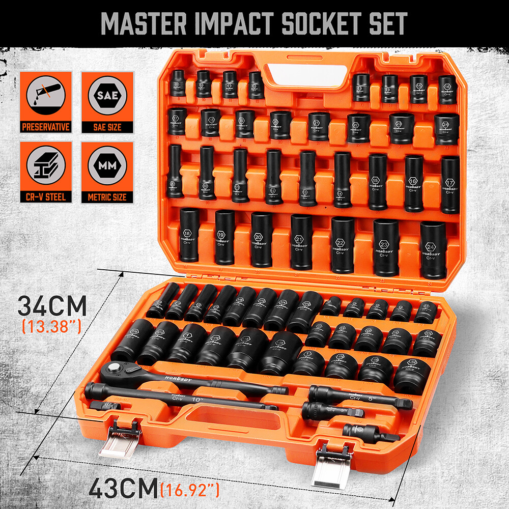 66PC 1/2″ Drive Impact Socket Set Deep & Standard SAE Metric 3/8-1-1/4″ 8-24mm