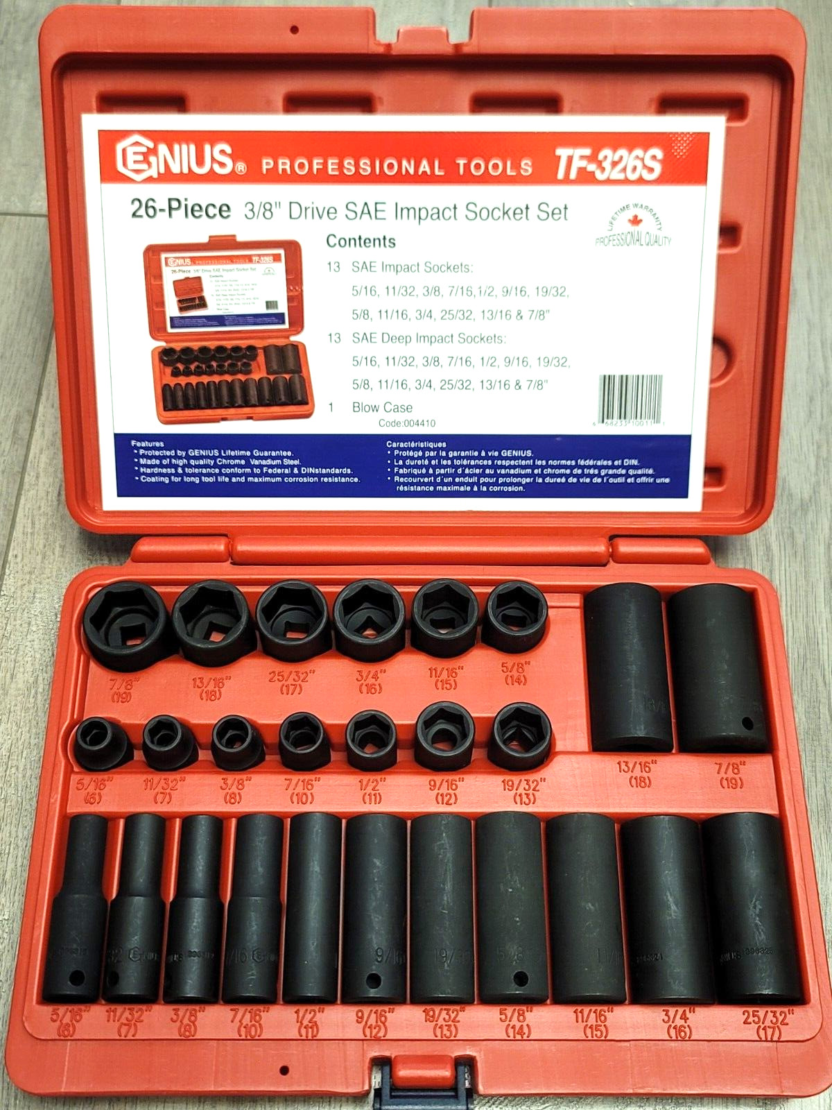 Genius Tools 26pc 3/8″ dr Master SAE Short & Deep Impact Socket Set #TF-326S