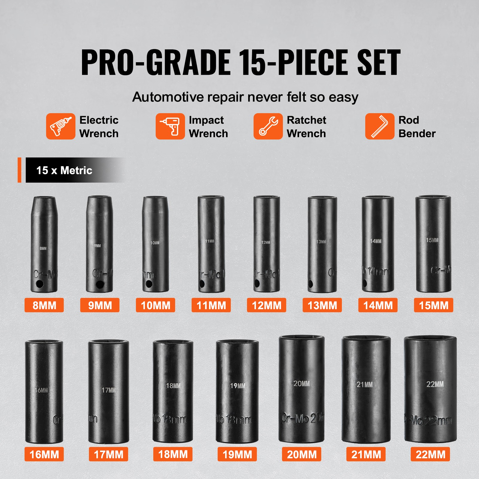 Uimoso Impact Sockets Set 15pcs 6-Point 3/8in Drive Bit Ratchet Tool Kit Case