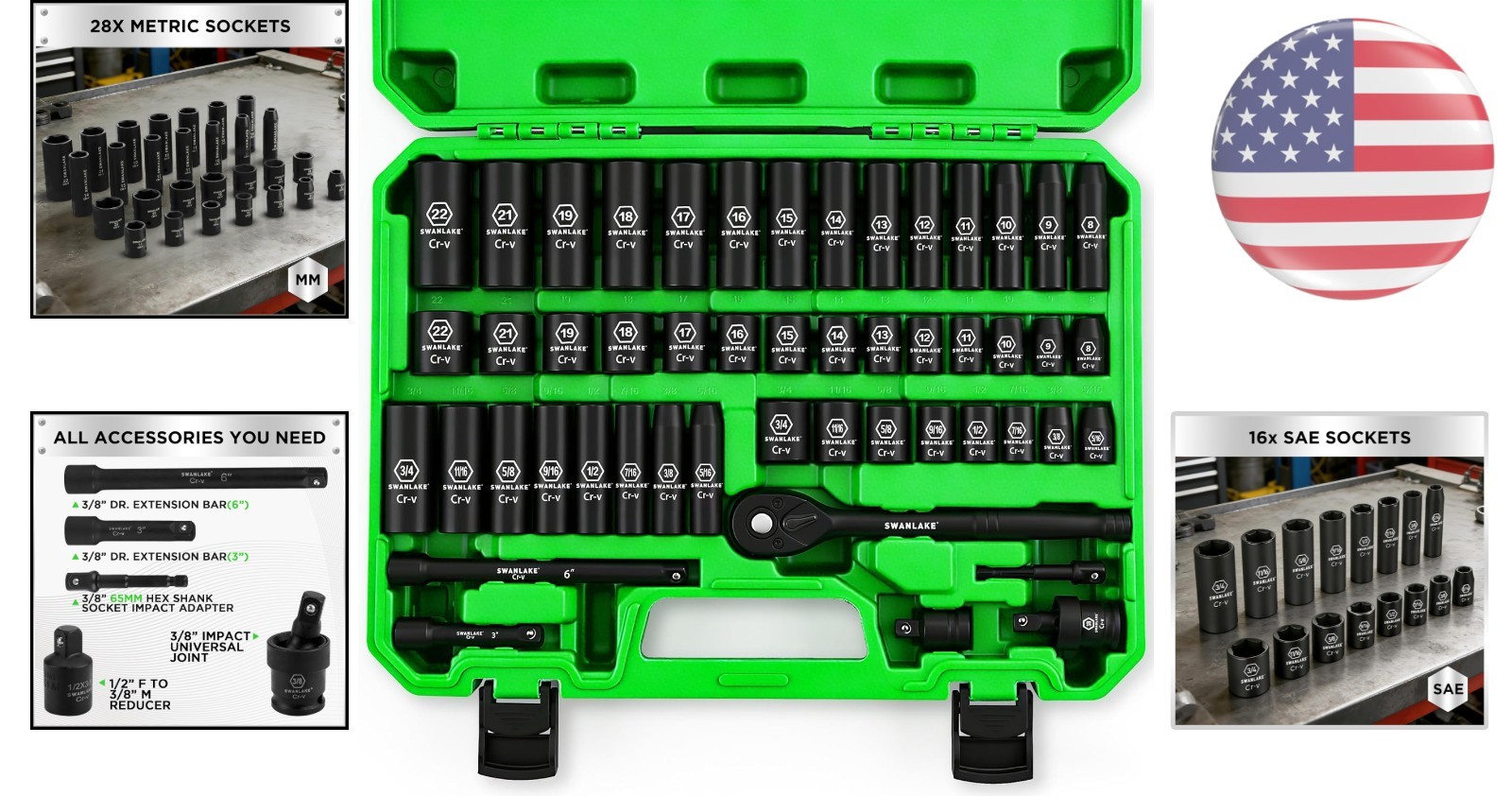 Complete 50-Piece Impact Socket Set: 3/8» Drive with Laser-Etched Markings