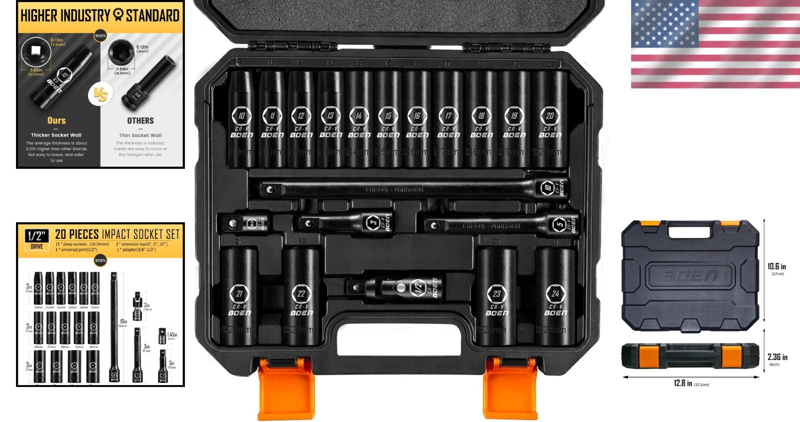 Durable 20-Piece Chrome Vanadium Impact Socket Set with Extensions & Adapter