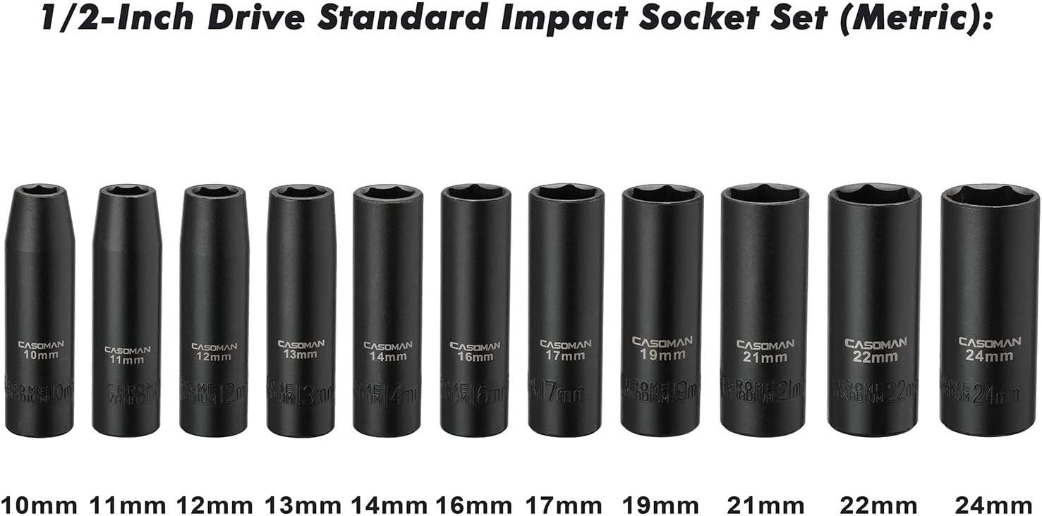 11 Pieces 1/2-Inch Drive Deep Impact Socket Set, 6-Point, Metric, 10mm to 24mm