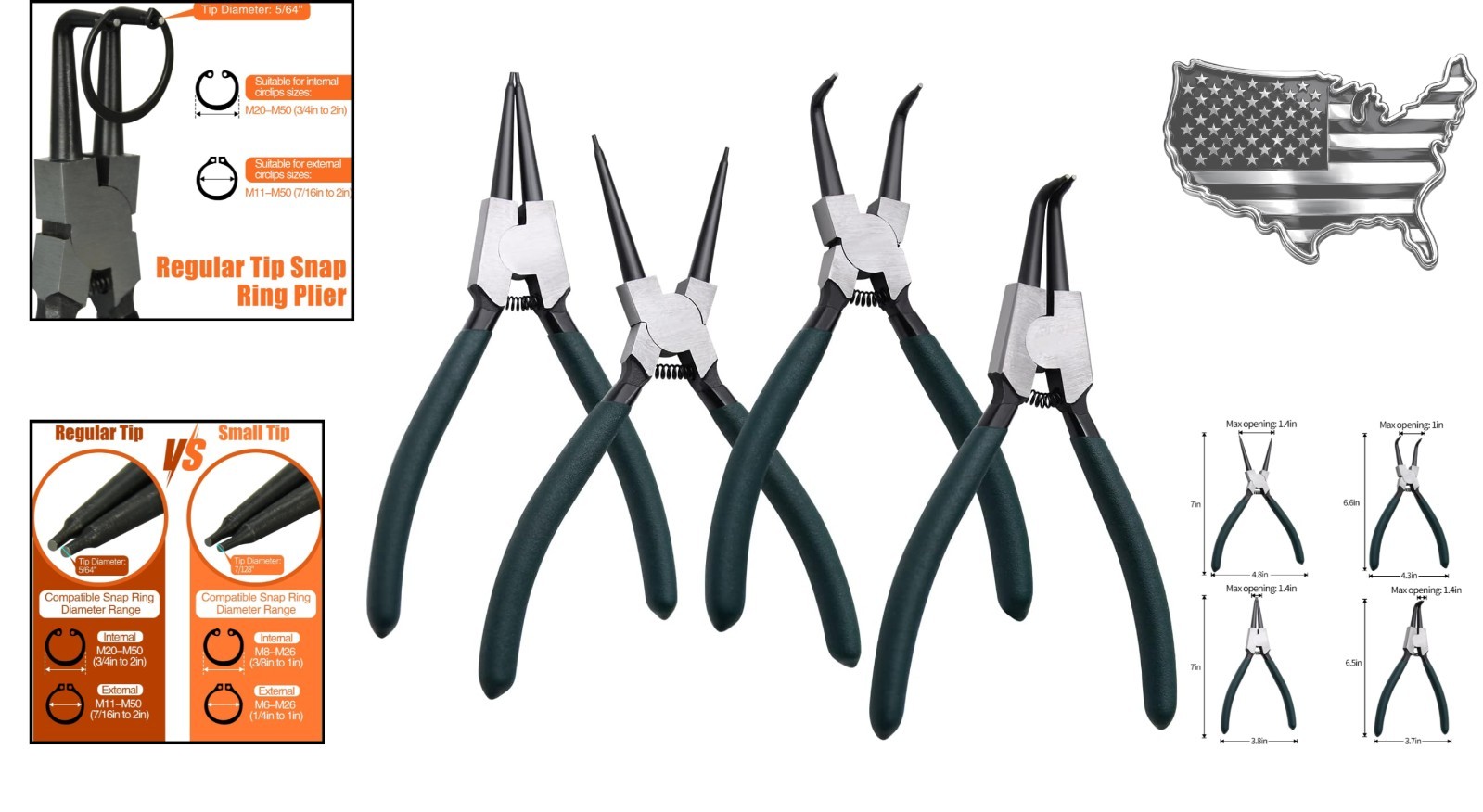 Ergonomic 4PCS Snap Ring Pliers Set – 7-Inch Circlip Tool Kit with Durable Steel
