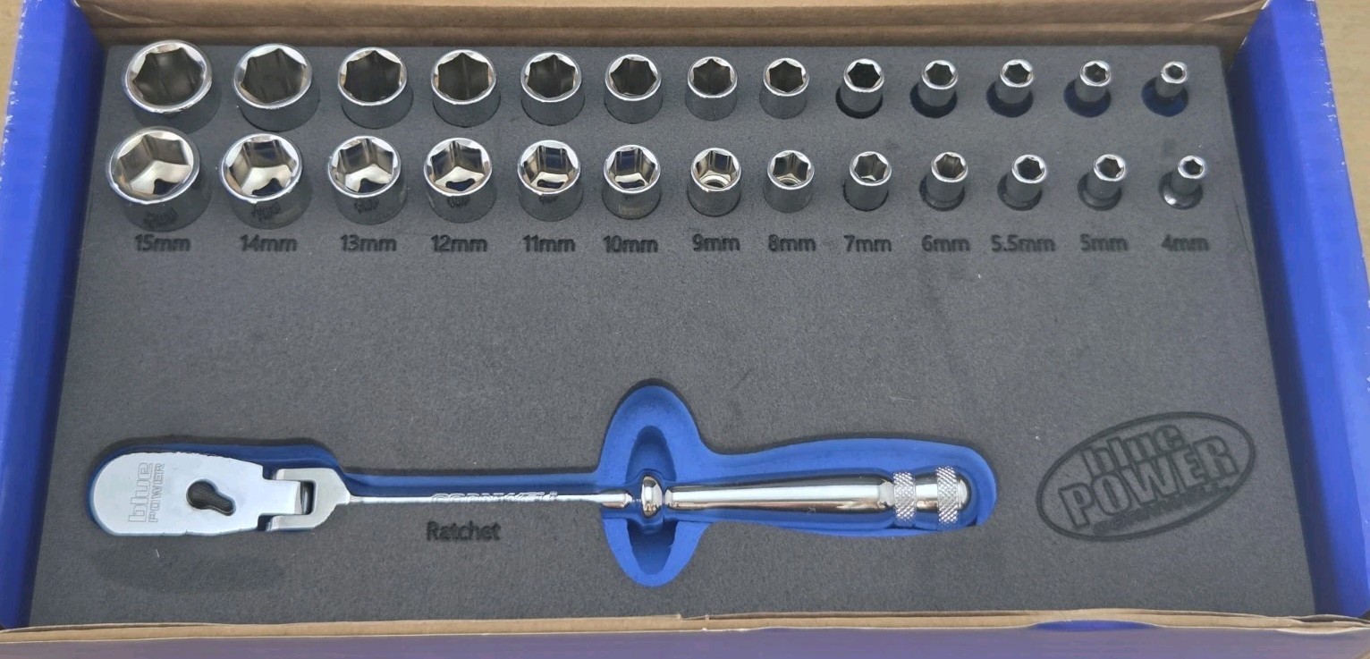 New Cornwell BluePower CBP271FS-1/4″ Dr 27 Pc Metric Skt Set & Flex Head Ratchet