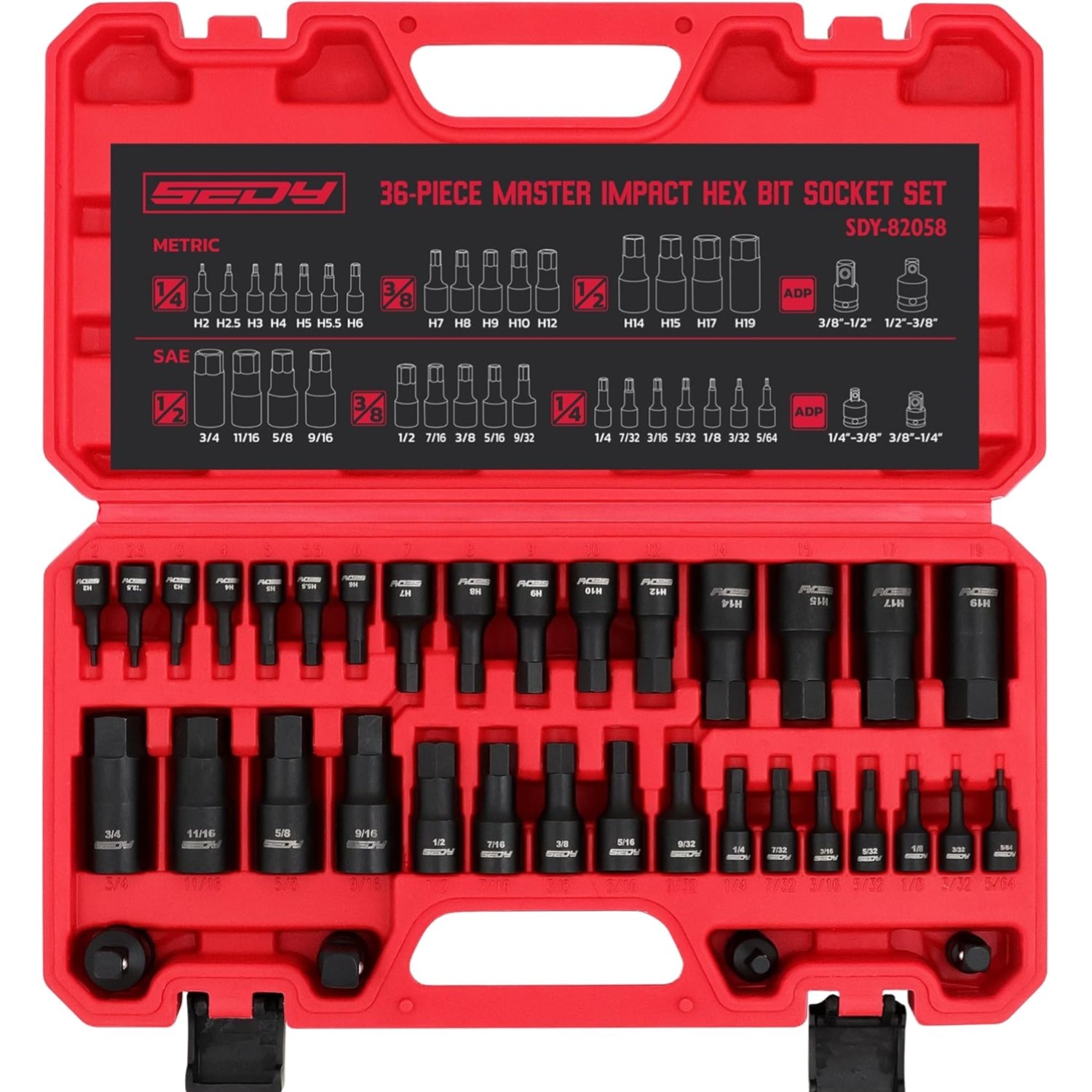 Hex Bit Impact Socket Set 36-Piece SAE Metric 1/4″ 3/8″ 1/2″ Drive