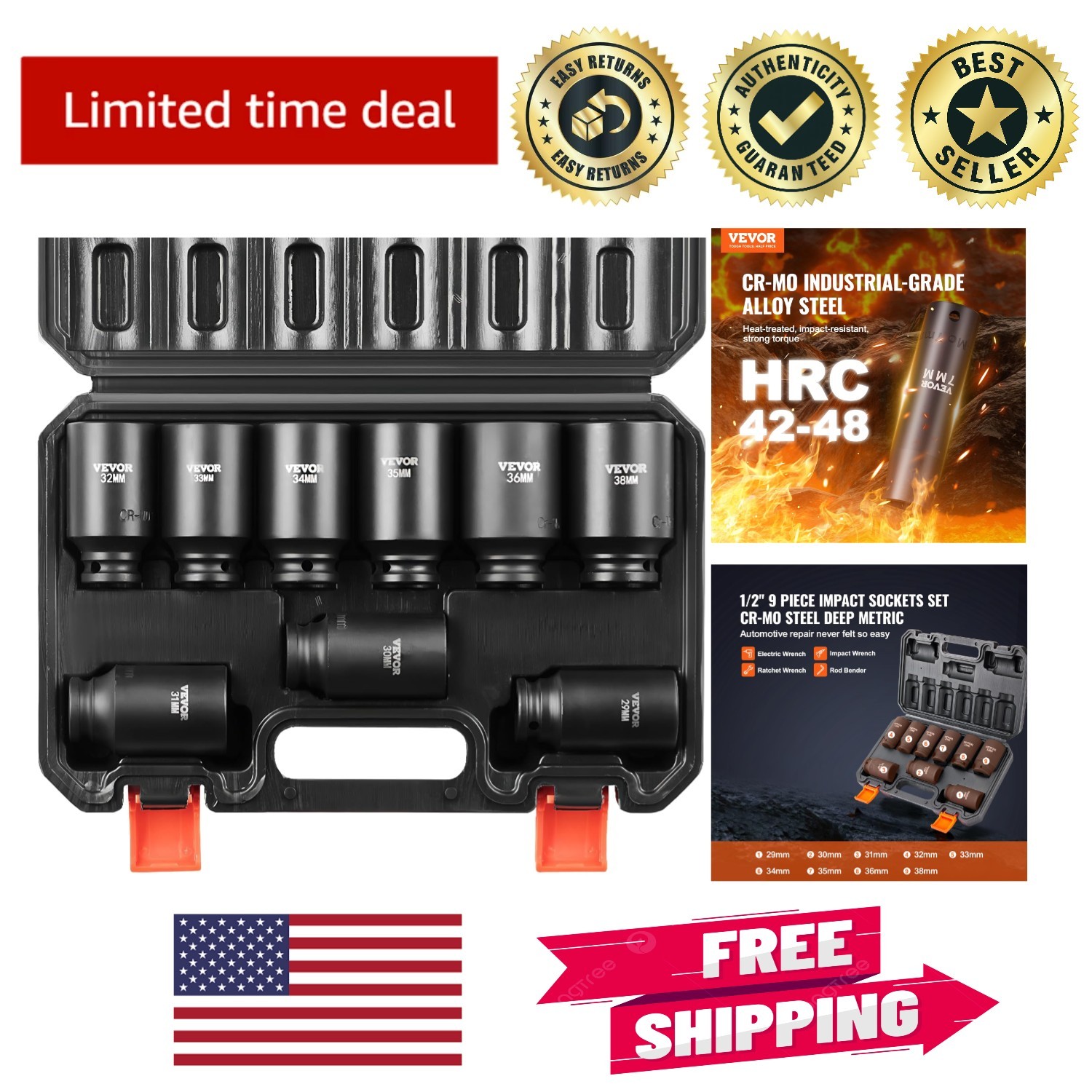 9-Piece 1/2″ Drive Metric Impact Socket Set – Durable Cr-Mo Steel & Toolbox