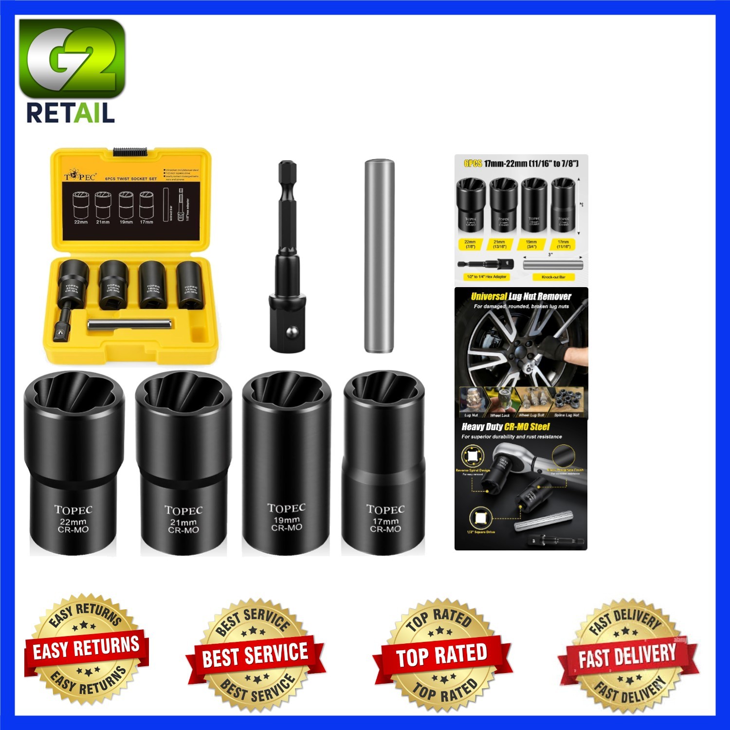 6-Piece Lug Nut Remover Set – Stripped Nut Extractor for Auto Repairs