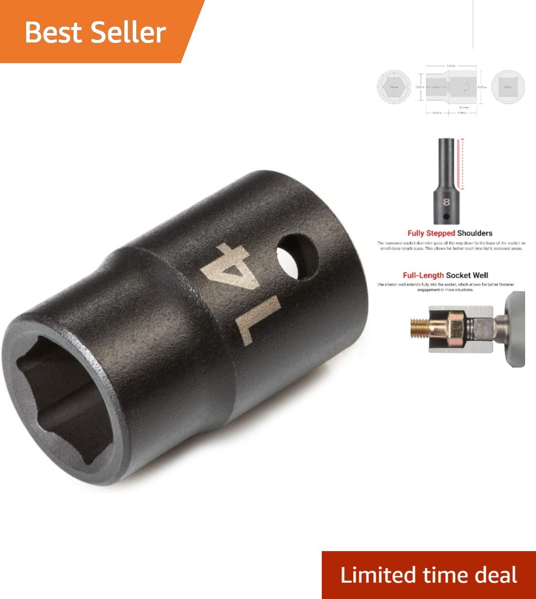 1/2 Inch Drive x 14 mm Shallow Impact Socket | Dual Size Markings for Precision
