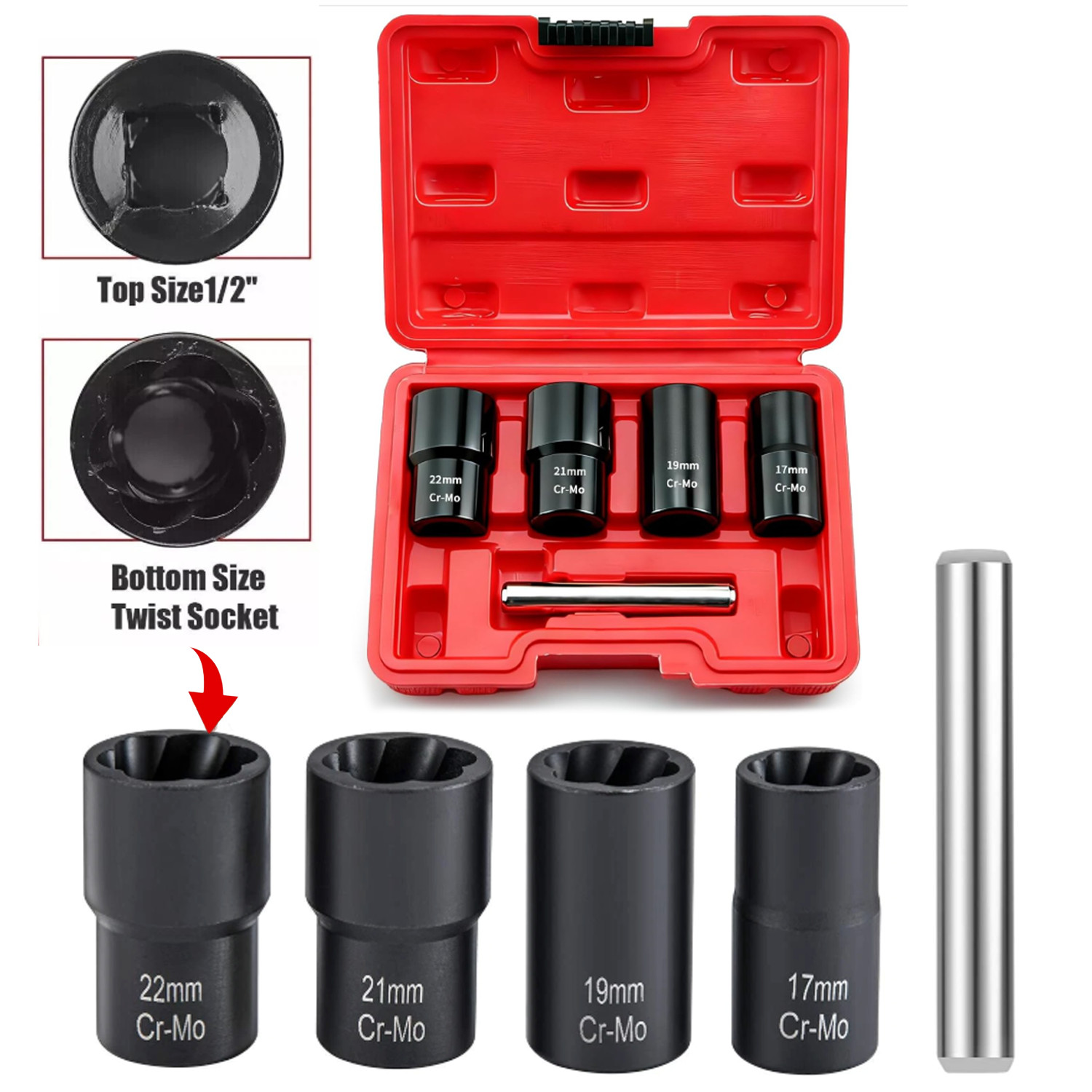 5Pc Wheel Lug Nut Remover 1/2″ Drive Twist Socket Kit Remove Damaged Locked Nut