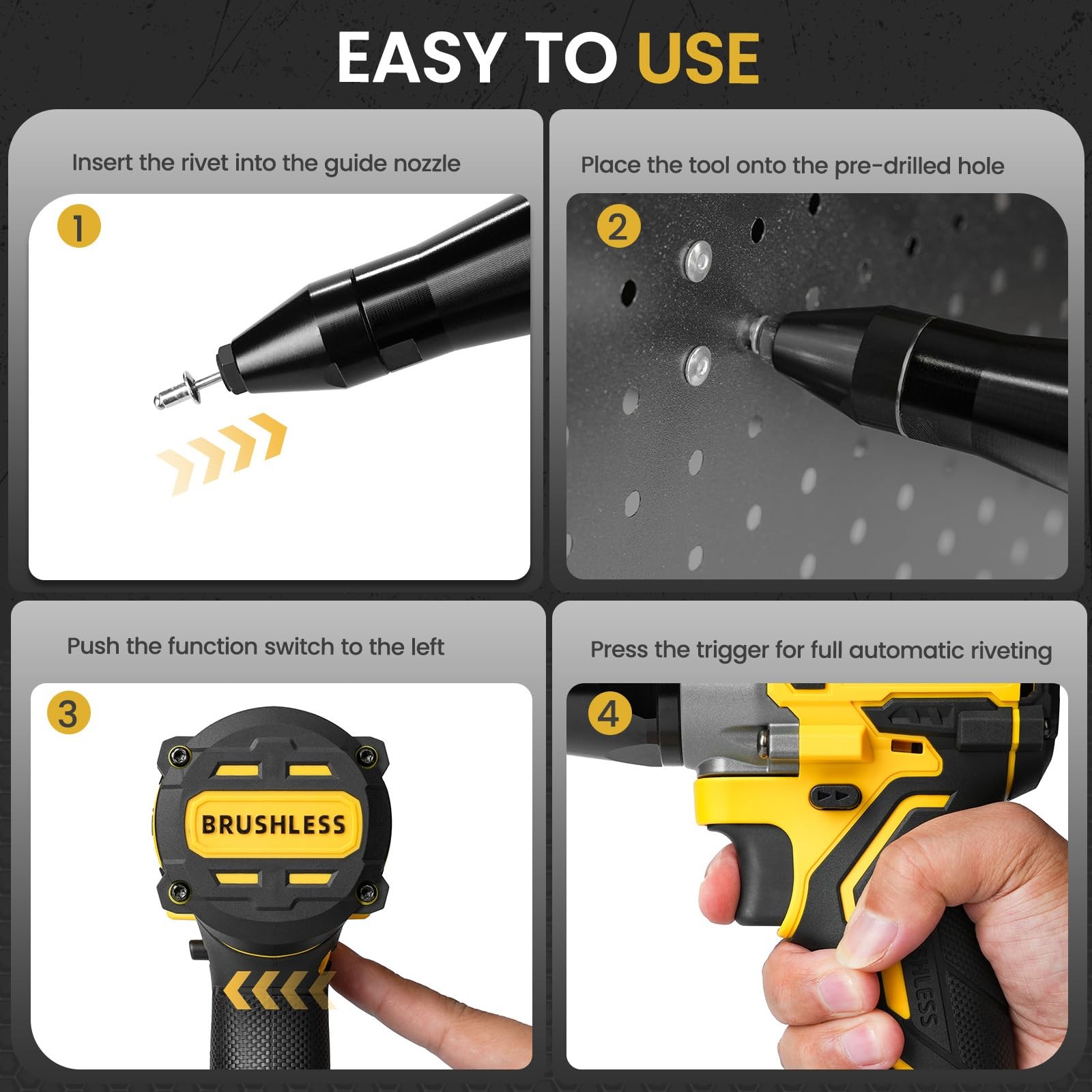 Mayoki Cordless Rivet Gun Compatible with 20V for 3/16″ Rivets, Yellow+Black