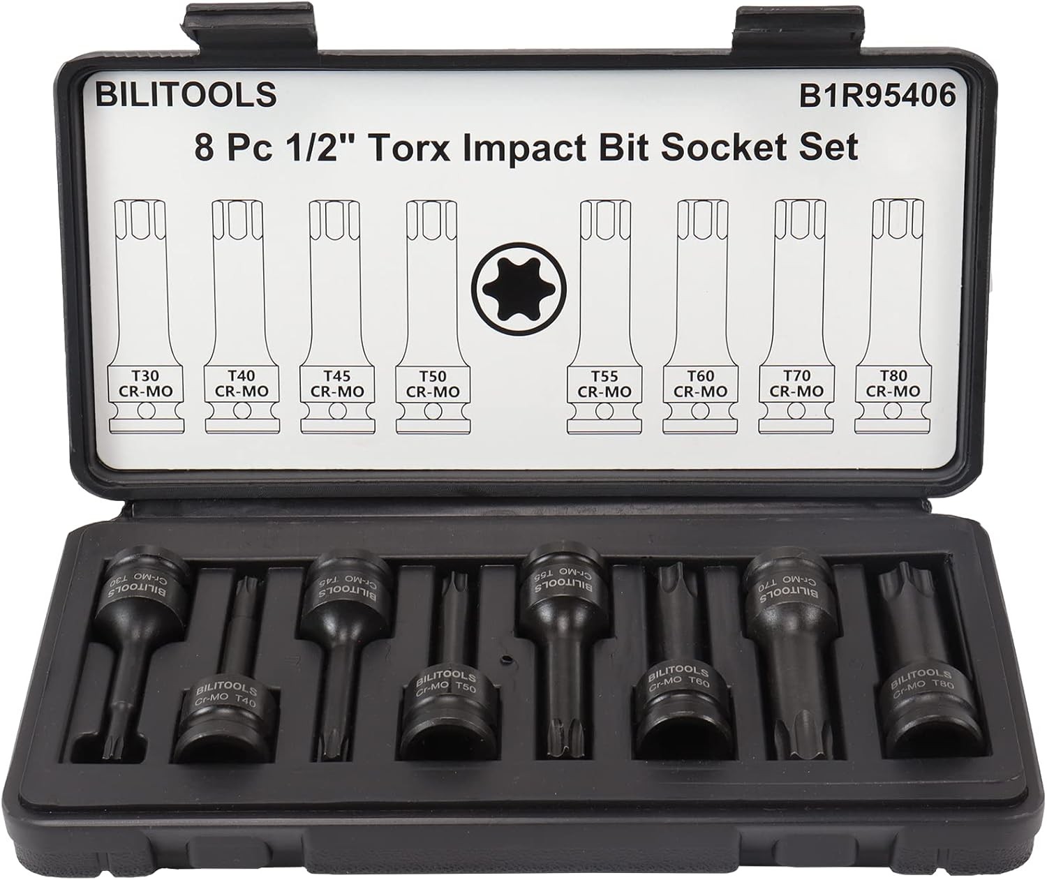 BILITOOLS 8-Piece T35, T40, T45, T50, T55, T60, T70, T80, Torx Bit Socket Set
