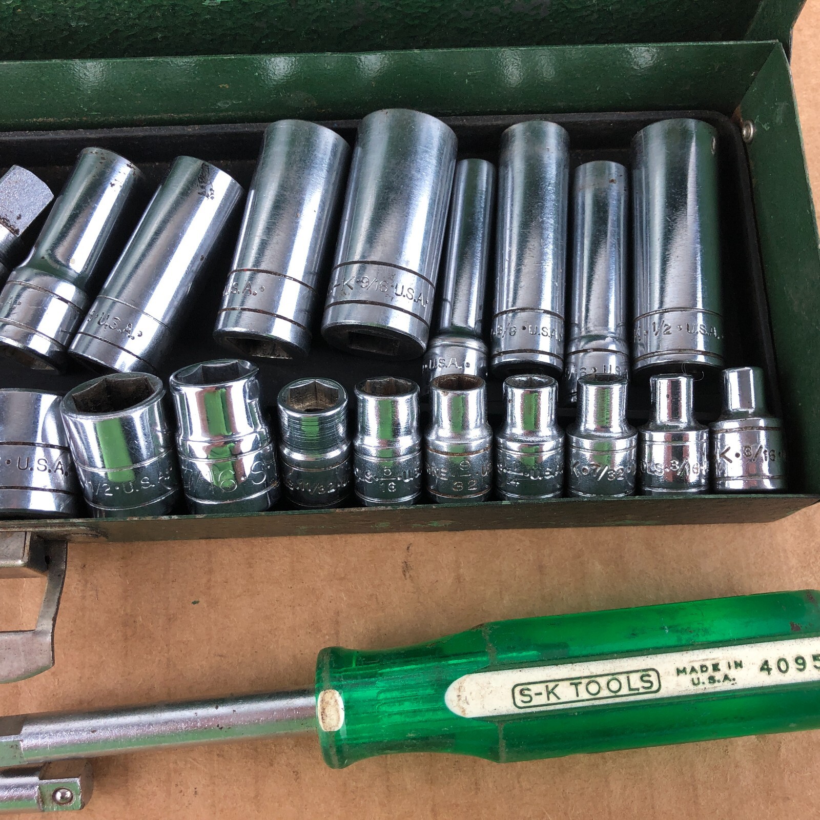 SK Tools 27 Pc Socket Set With Metal Box SAE 1/4″ & 3/8″ Drive Shallow Deep USA