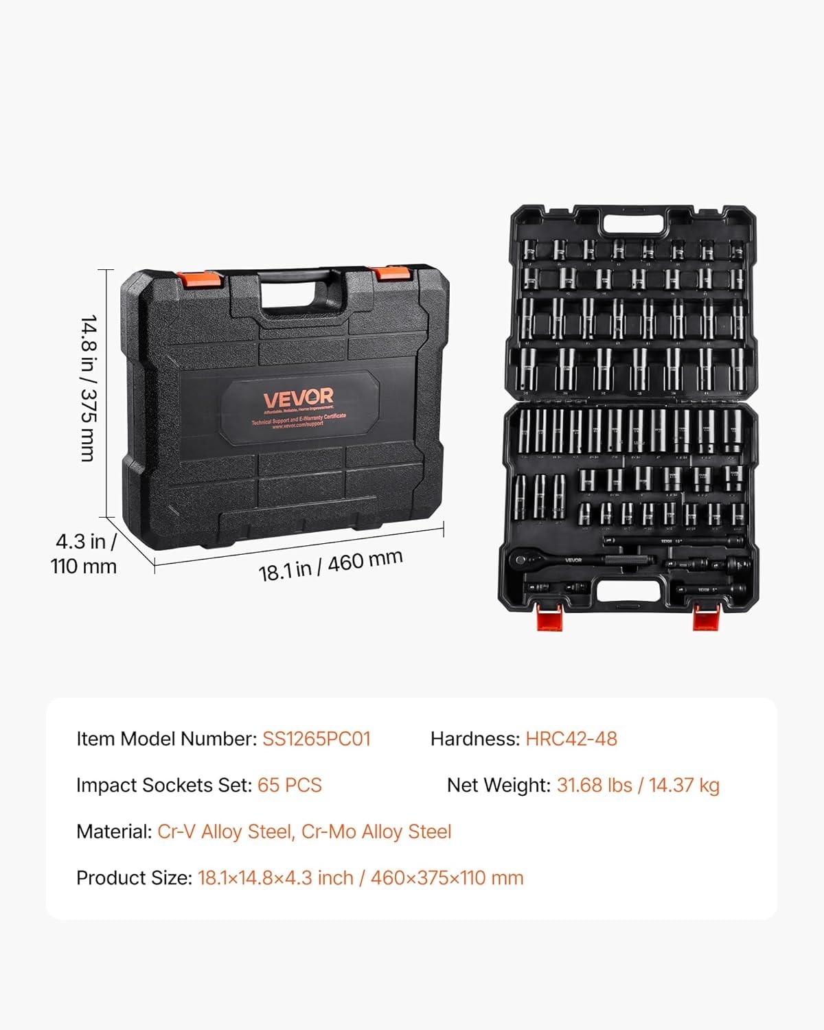 1/2″ Drive Impact Socket Set, 65 Piece Socket Set SAE 3/8″ to 1-1/4″ and Metr…