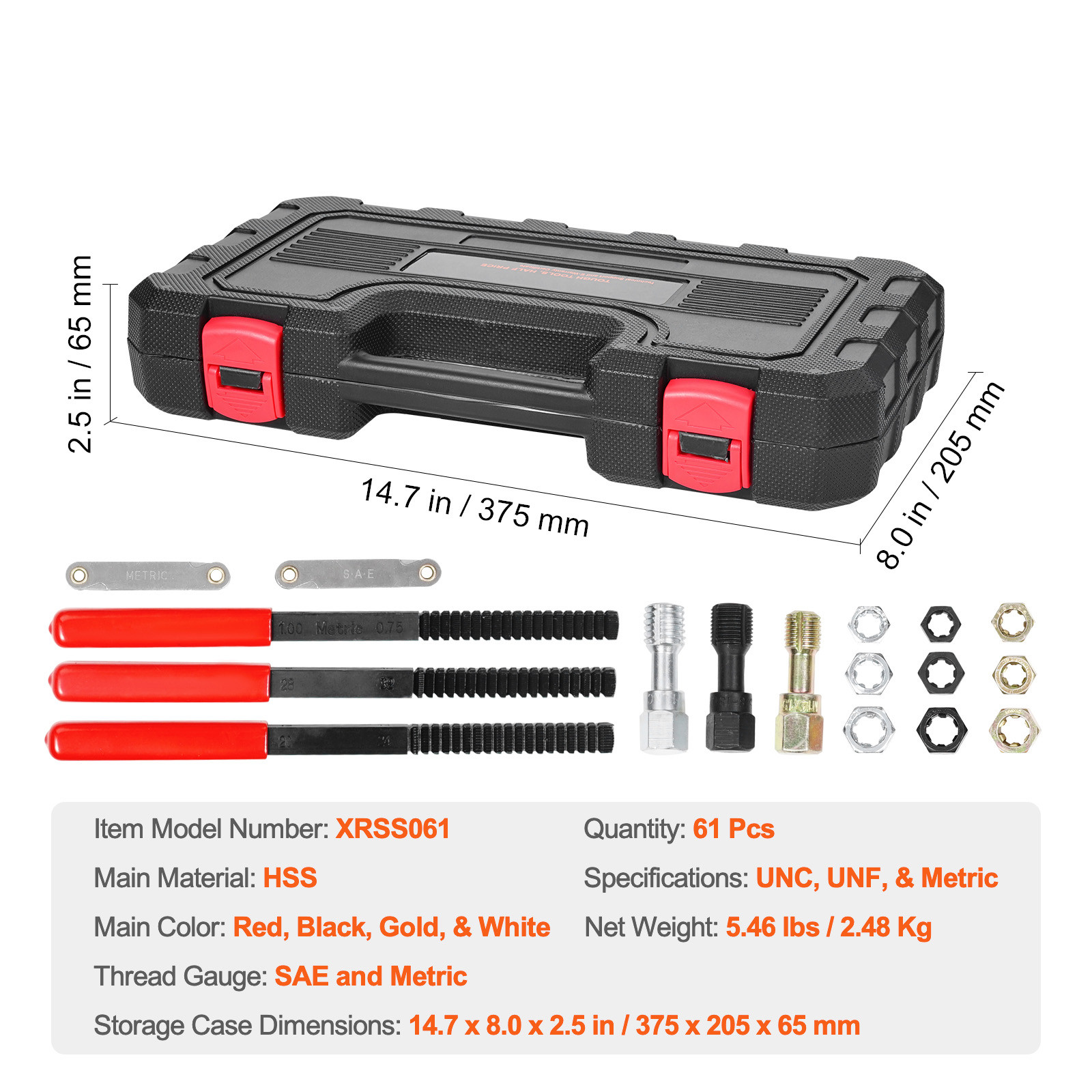 VEVOR 61PCS Thread Chaser Set UNC UNF Metric Thread Restorer Tool Rethreading
