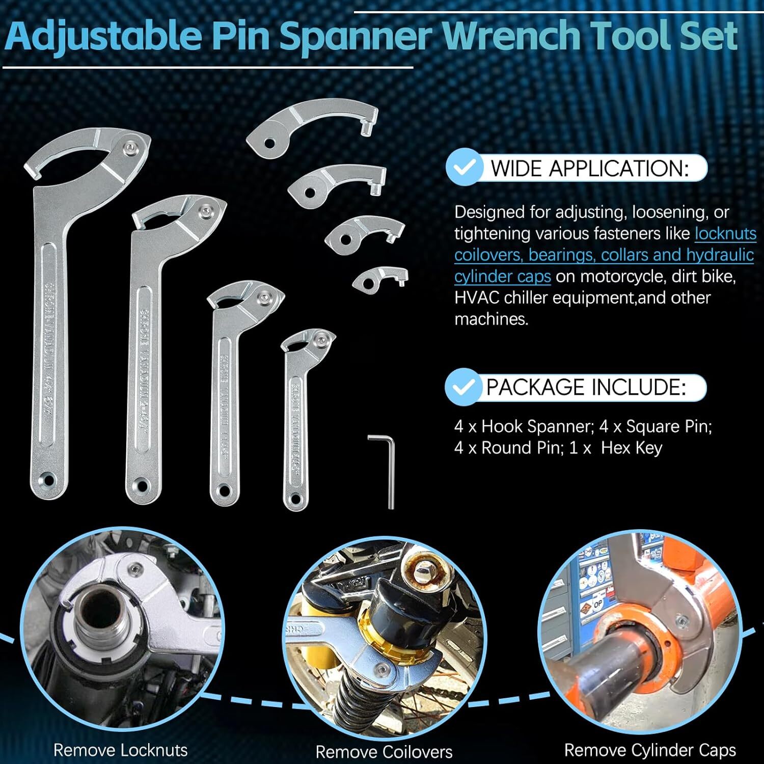 Adjustable Hook & Pin Spanner Wrench Tool Set Locking Nut Wrench 3/4″ to 6-1/10″