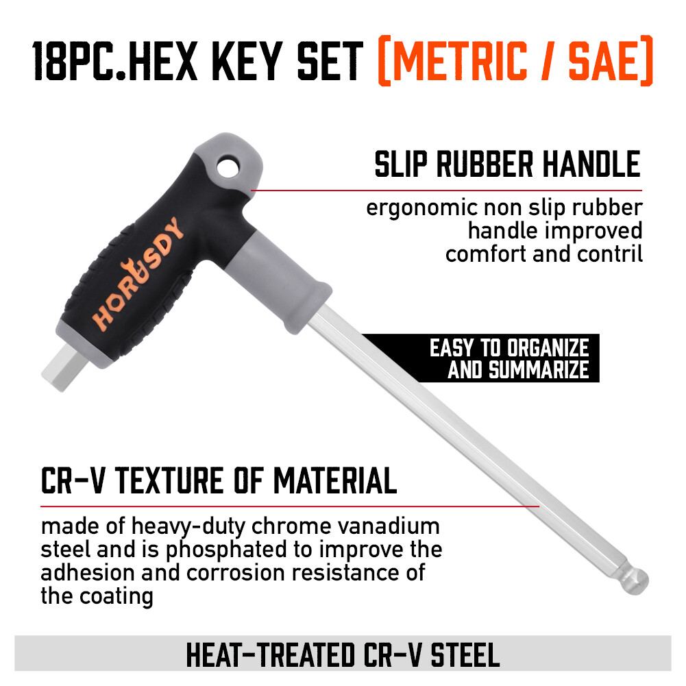 18Pc SAE/Metric T Handle Allen Wrench Ball End Hex Key Set Long w/ Storage Stand