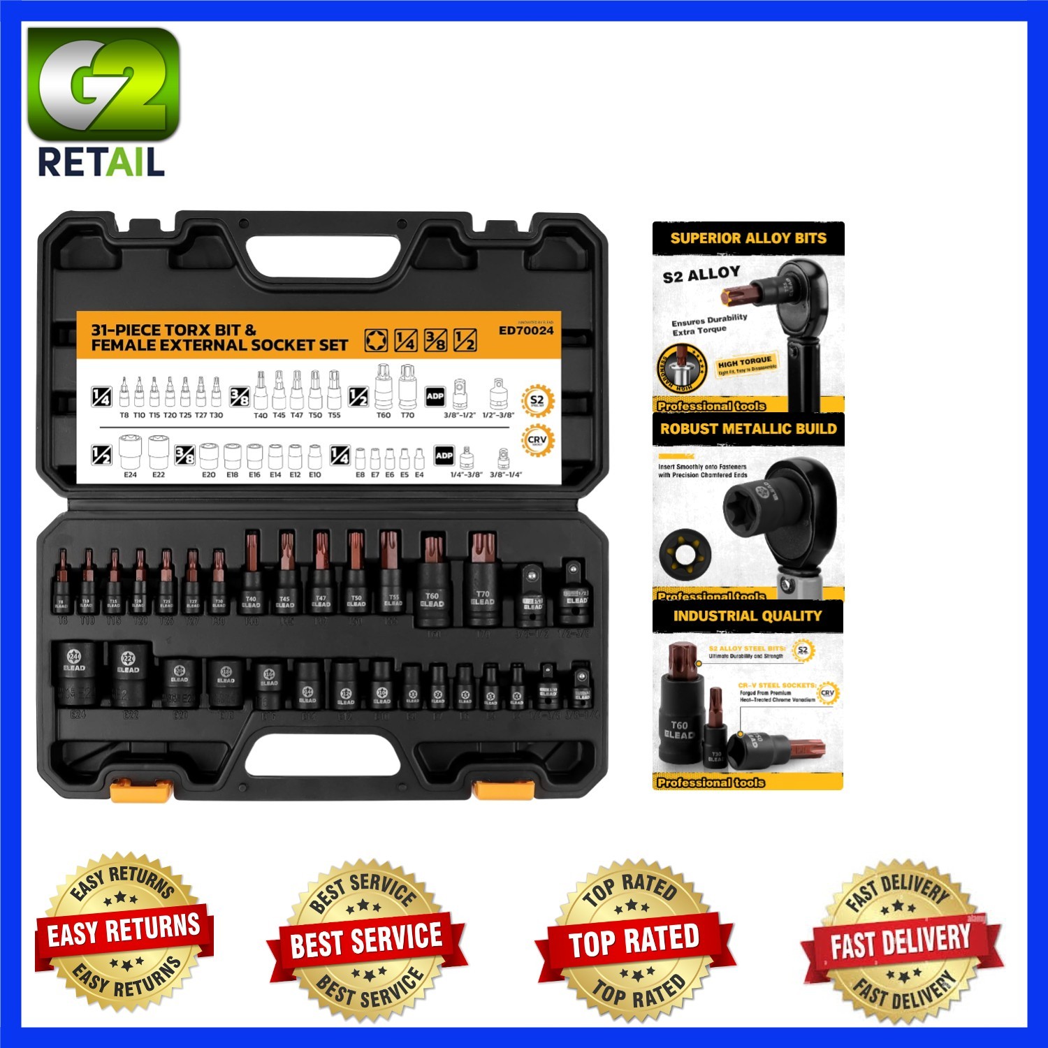 31-Piece High Torque Torx Bit Socket Set with E-Torx and Star Bits for Mechanics