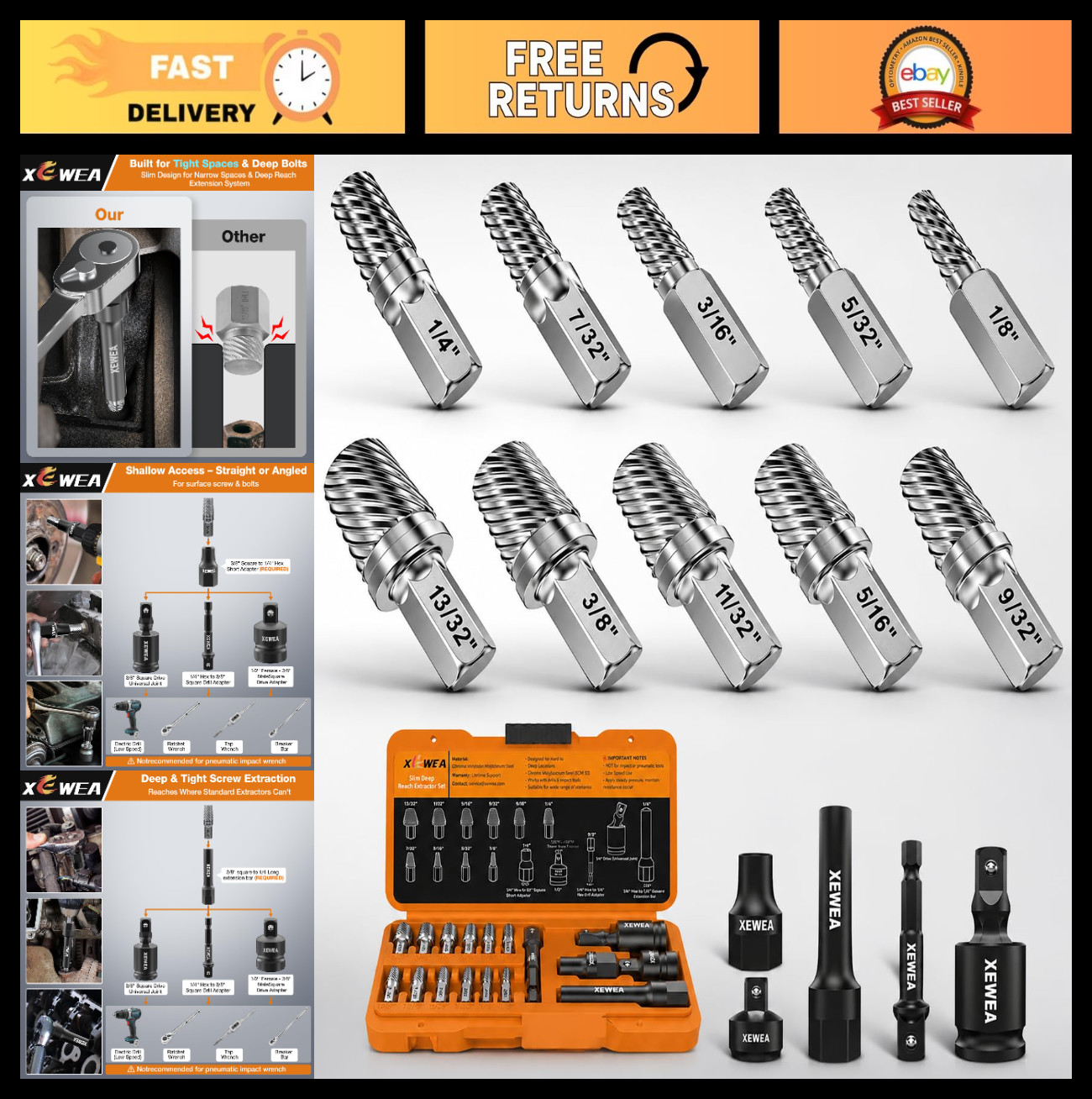15PCS Bolt Screw Extractor Set – Long Slim Easy Out Tool Kit for Stripped, Ruste