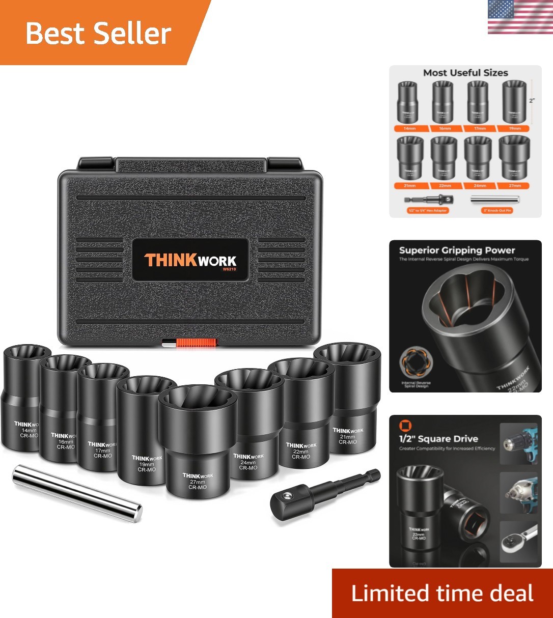 Durable 10-Piece Bolt Extractor Kit with Black Phosphate Finish for Rusted Nuts