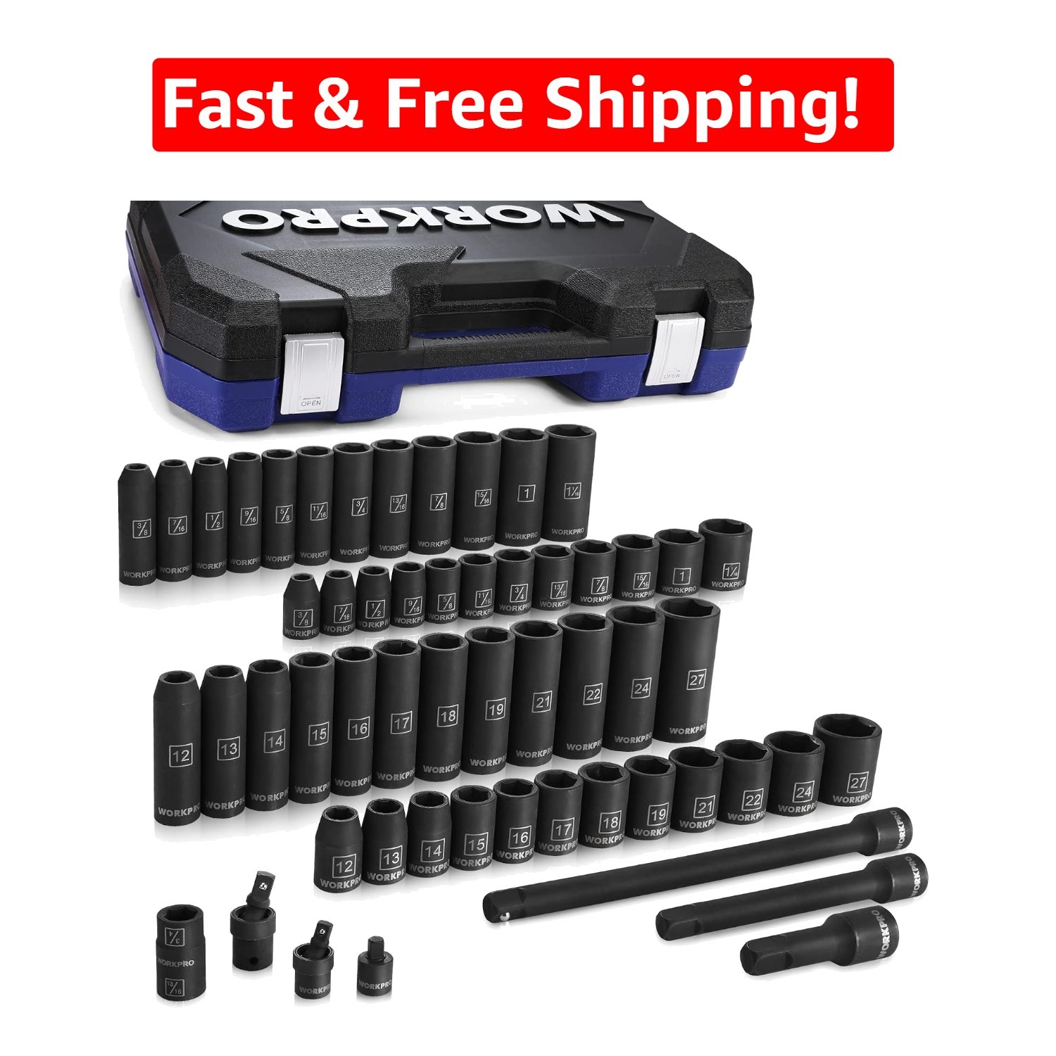 Chrome Vanadium 55-Piece Socket Set with Extension Bars & Laser Etched Markings