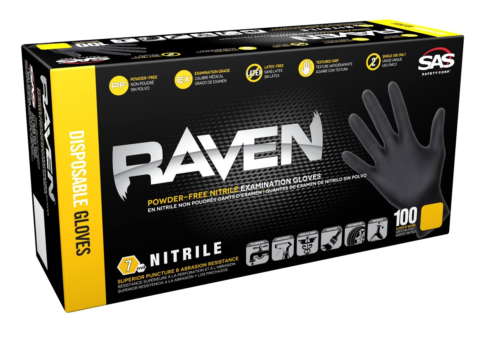 SAS Safety 66516 Raven Powder-Free Nitrile Gloves, Small, 100 Pack , Black