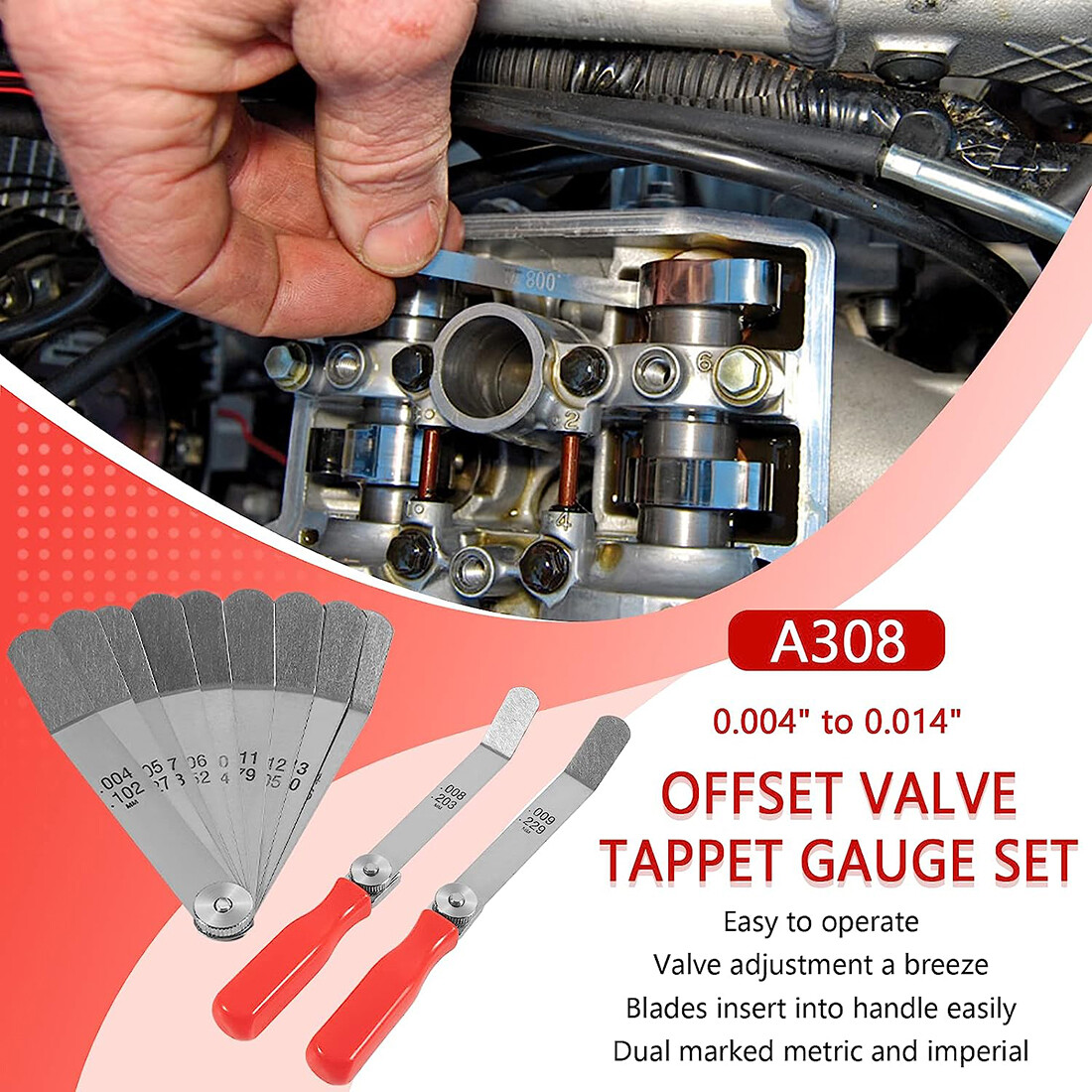 A308 Offset Valve Tappet Gauge 11-Blade Feeler Gauge Kit Sizes 0.004″ to 0.014″