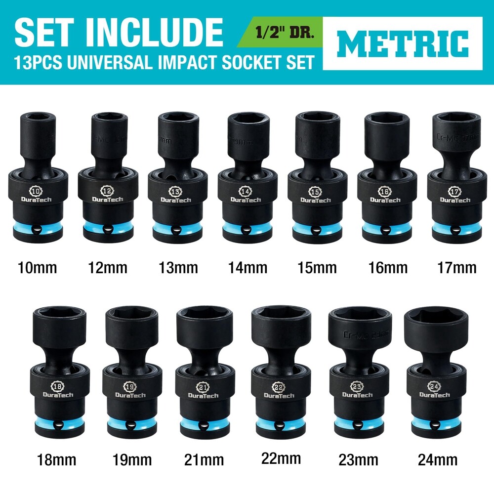 DURATECH 1/2″ Dr Swivel Socket Set 13PCS Shallow Universal Impact Metric 10-24mm