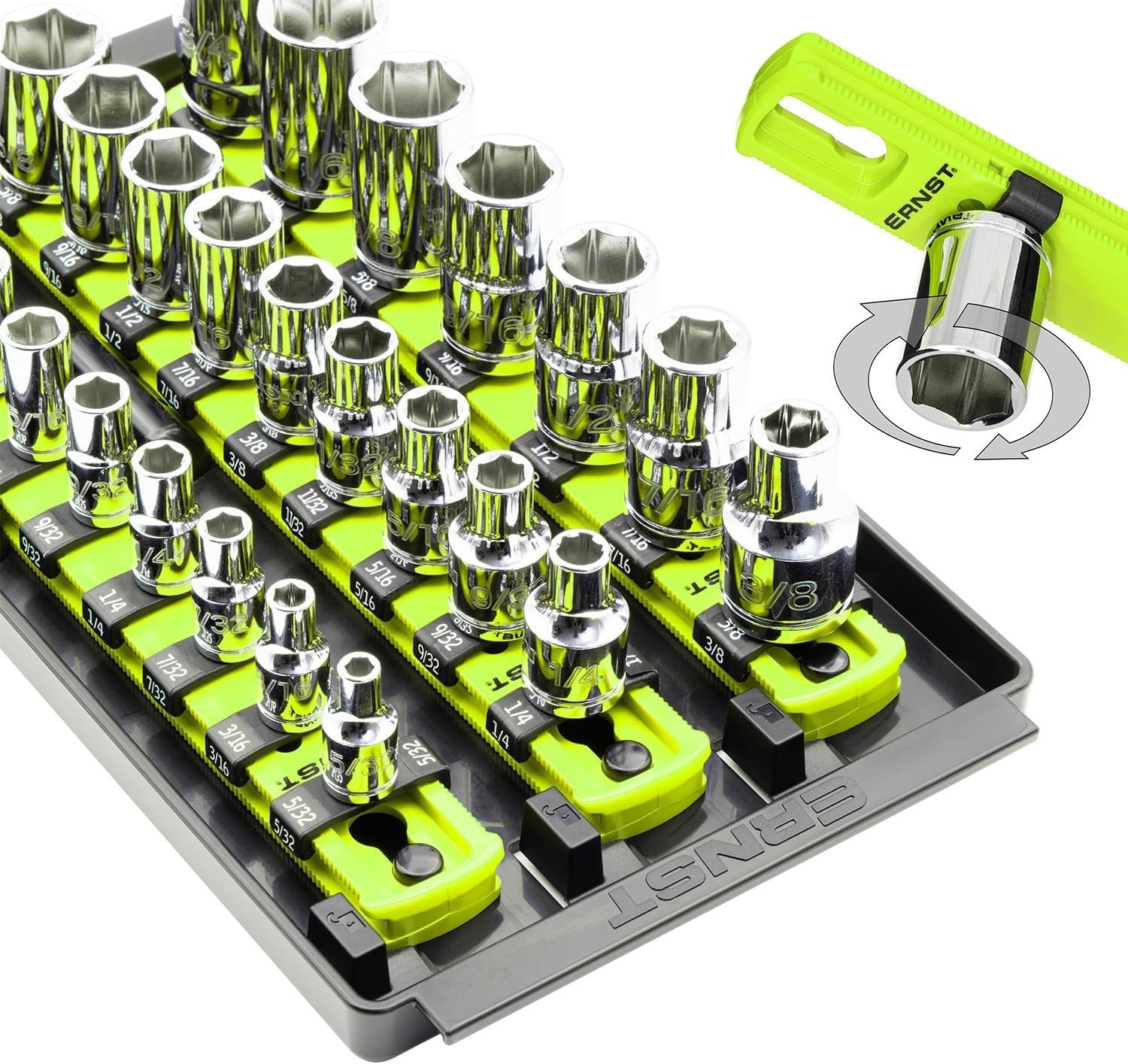 8-Inch Socket Boss, 3-Rail Socket Tray, HI-VIZ – 1/4″, 3/8″ & 1/2″ Drive Twis…