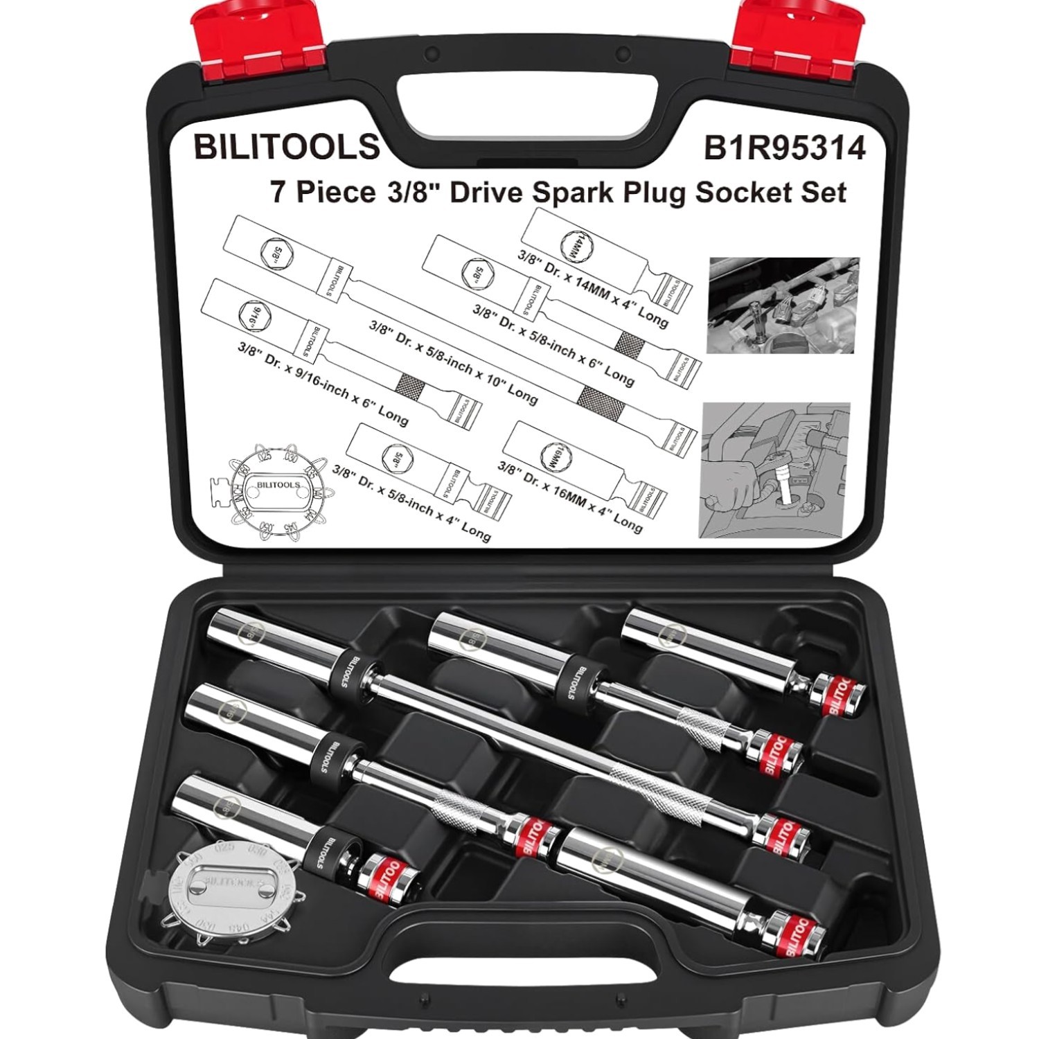 7 Piece Magnetic Swivel Spark Plug Socket Set with Gap Tool, 3/8-Inch Drive, …