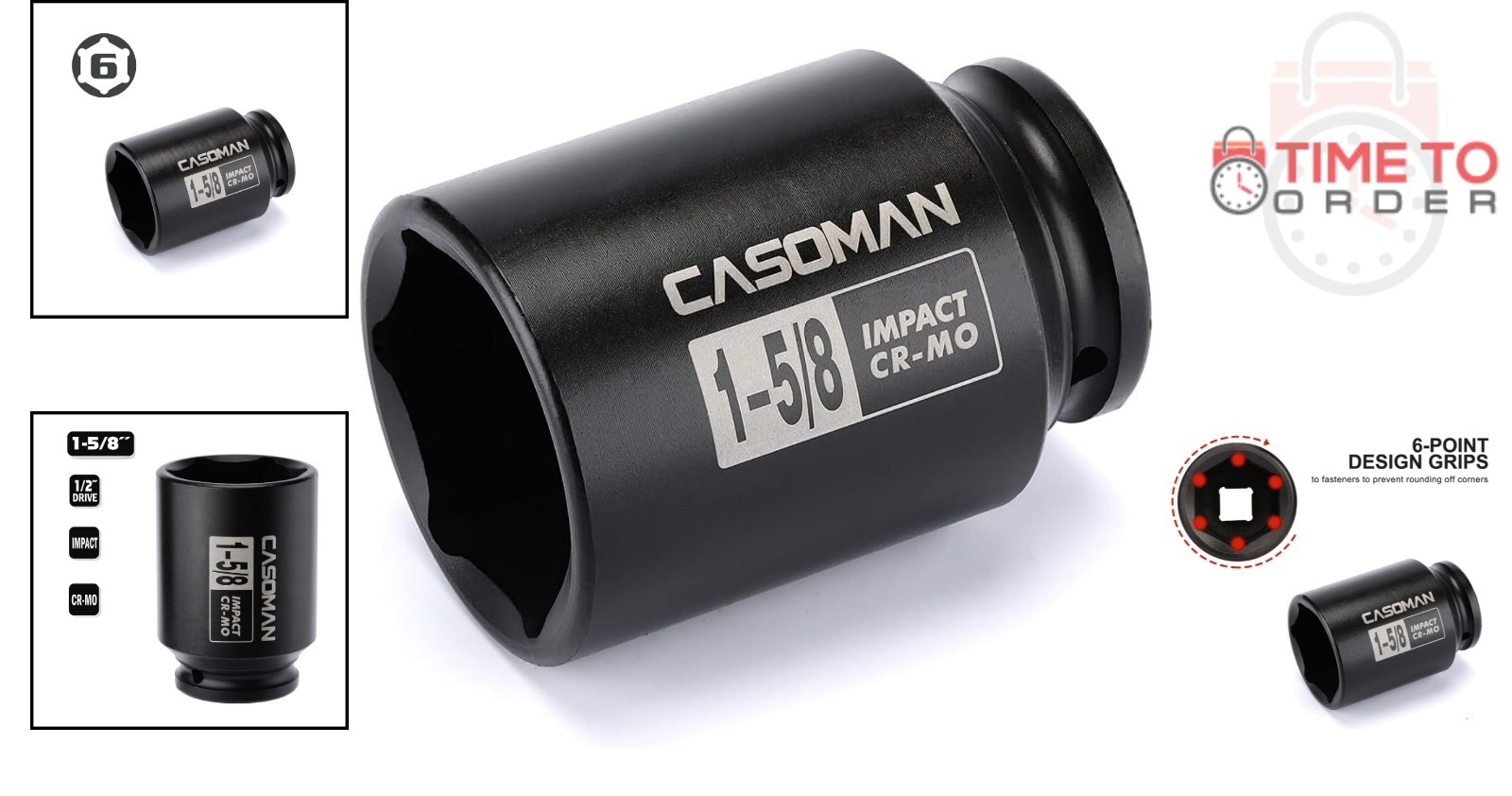 Impact Socket Chrome Molybdenum Steel 1-5/8 Inch 6-Point for Axle Nut Removal
