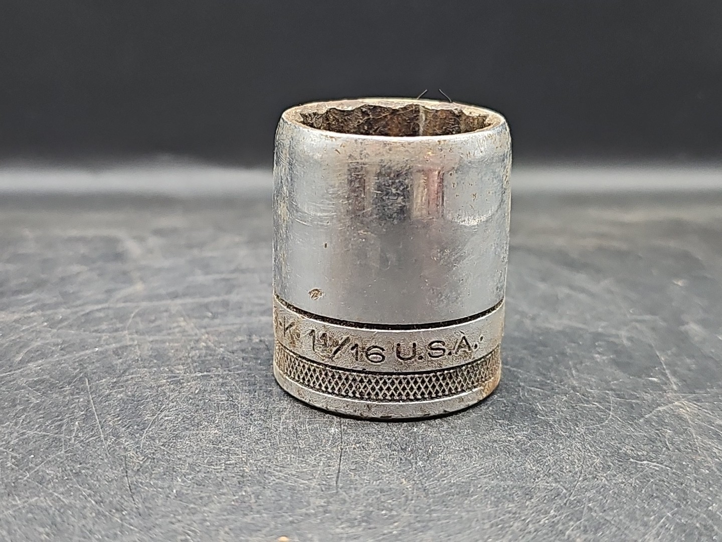 S-K 1/2-in drive 1-1/16-in 12-point Shallow Socket Made in USA early knurled vtg