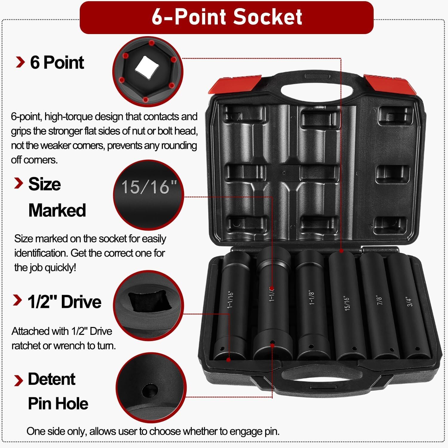 6PCS 1/2» Drive Extended Length Extra-Deep Length Impact Socket Set Heavy Duty