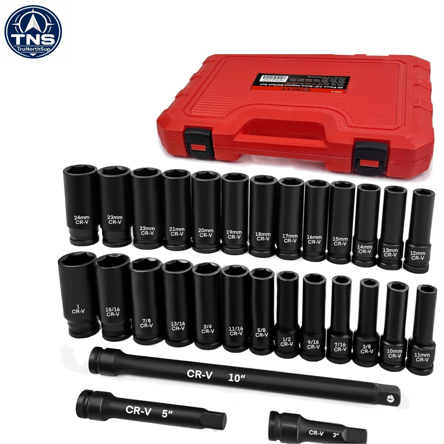 29-Piece Chrome Vanadium Impact Socket Set with 3 Extension Bars – SAE & Metric
