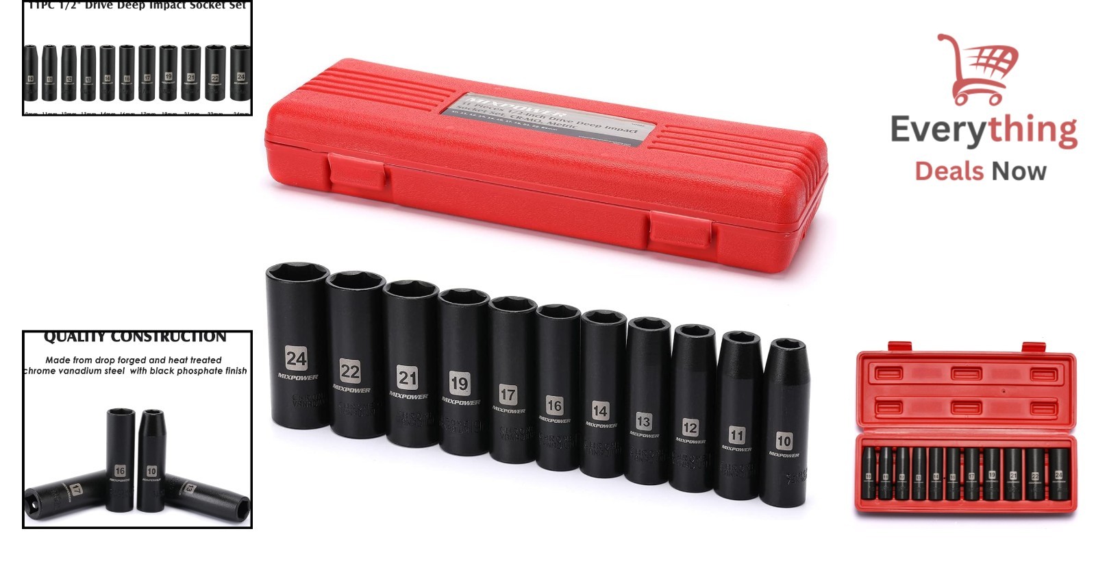 Durable 11-Piece 1/2-Inch Drive Metric Impact Socket Set, CR-V with Black Finish
